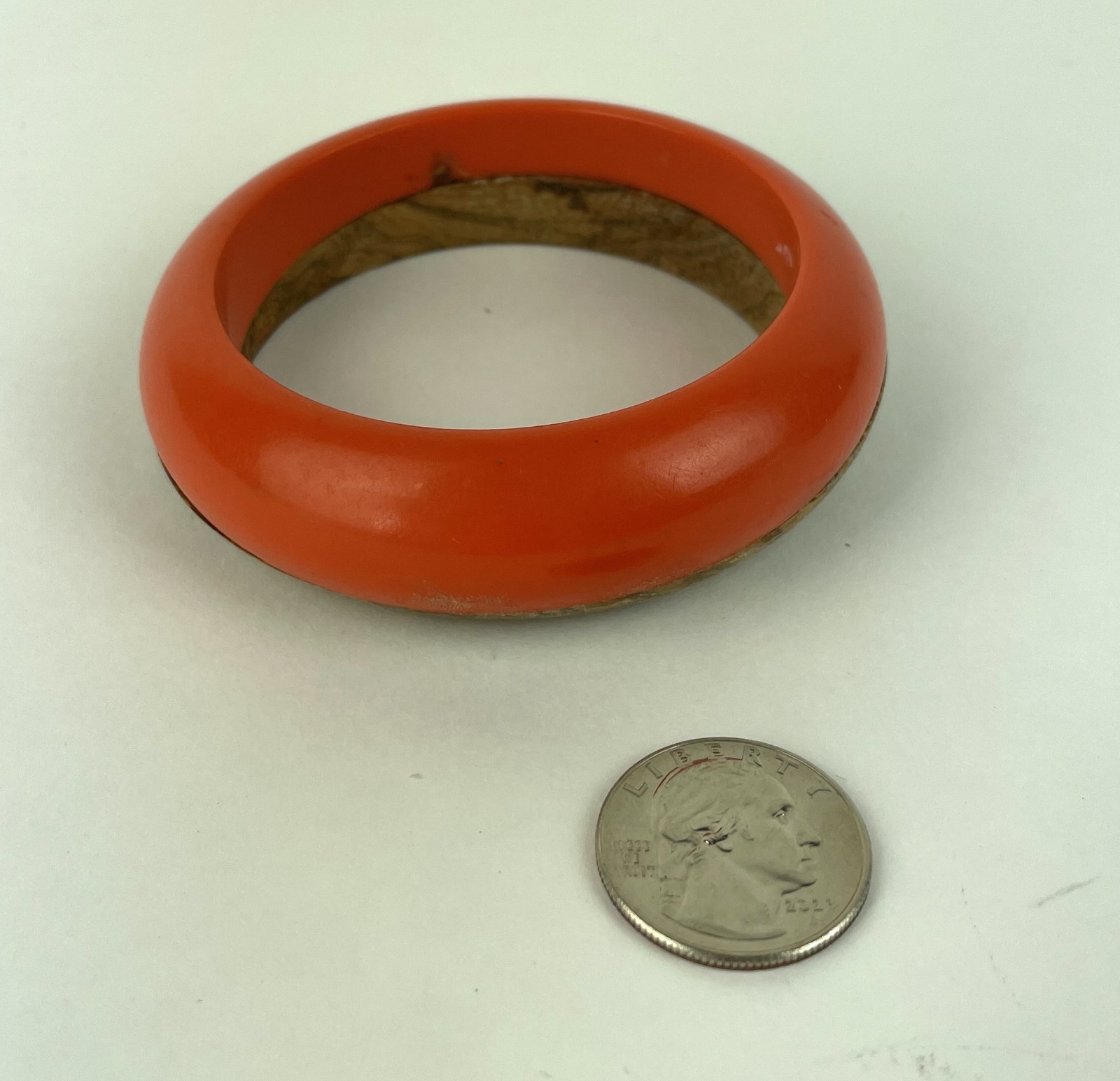 Vintage 1950’s 60s Lucite and Wood Orange Bangle Bracelet 3.25″ Diameter