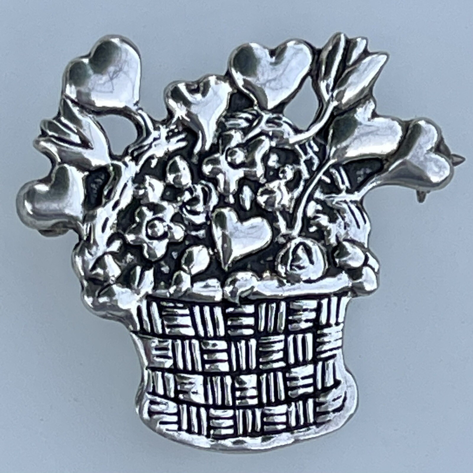 Mary Engelbreit Hearts Flowers Basket Brooch Signed ME 925 Sterling Silver Mex