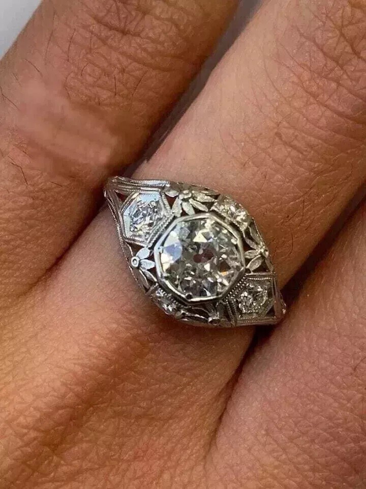 Art Deco Filigree Engagement Ring Vintage Diamond Navette Ring14K White Gold FN