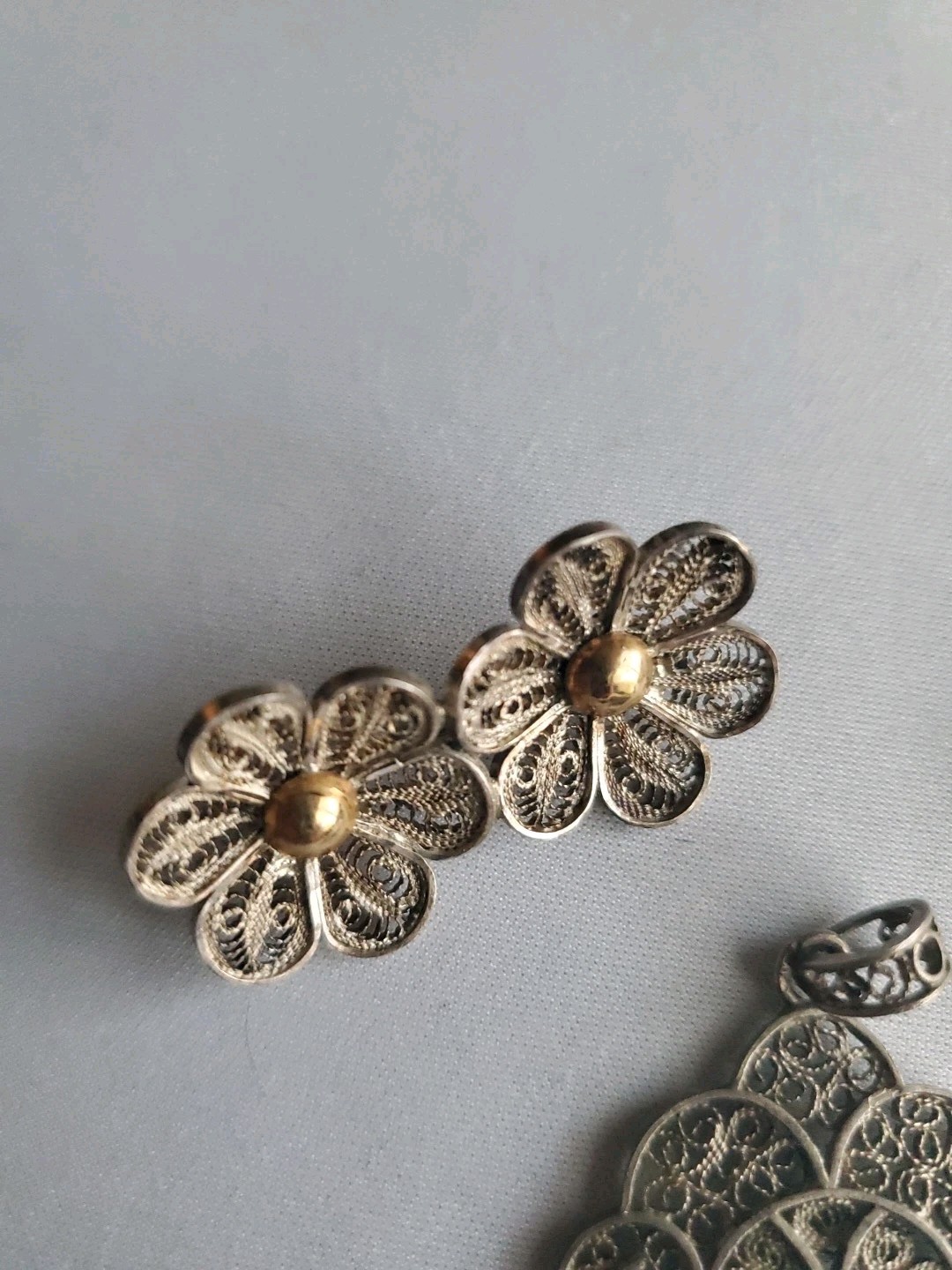 Vintage Filigree Round Metal Pendant and Matching Metal and Silver Pins/Brooches
