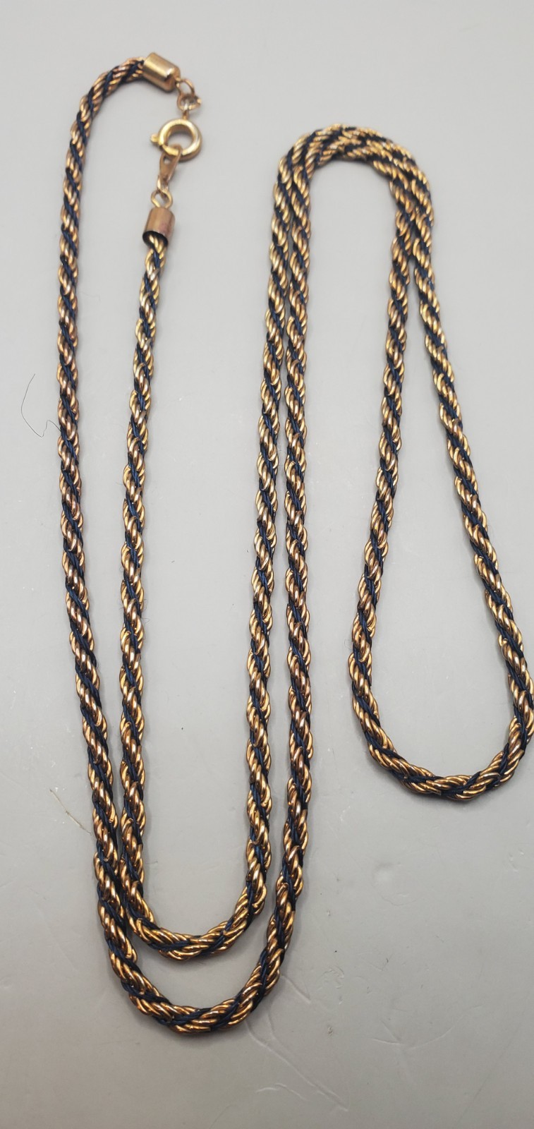 3 Vtg Chains: Trifari 24″, Herringbone 20″, Gold Tone & Black Twisted Rope 30″
