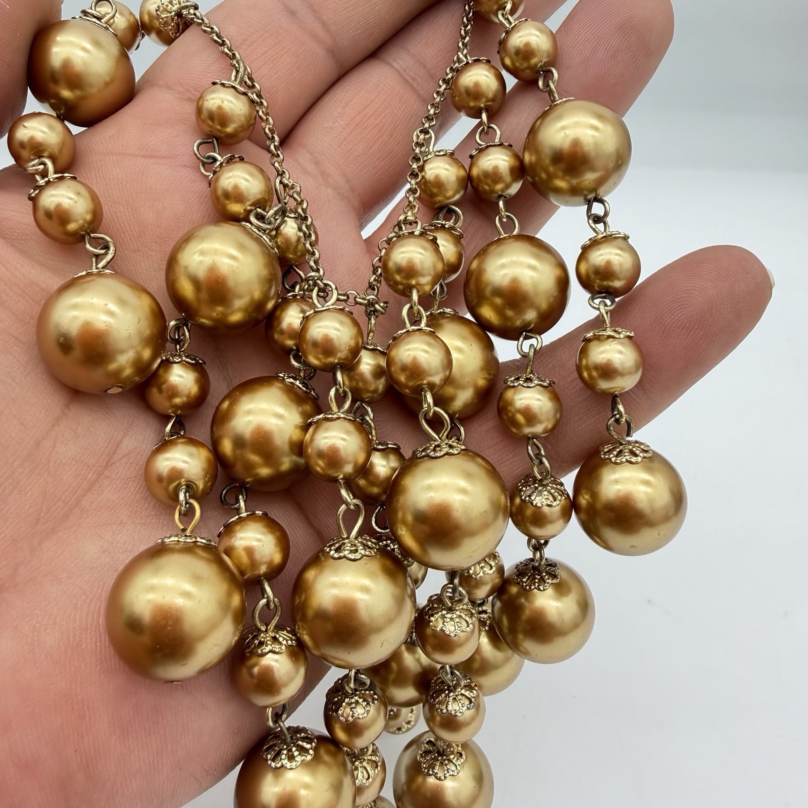 Fringe Necklace Ball Chain Dangle Tassel Gold Tone Pearly Glass Bead Heavy Large