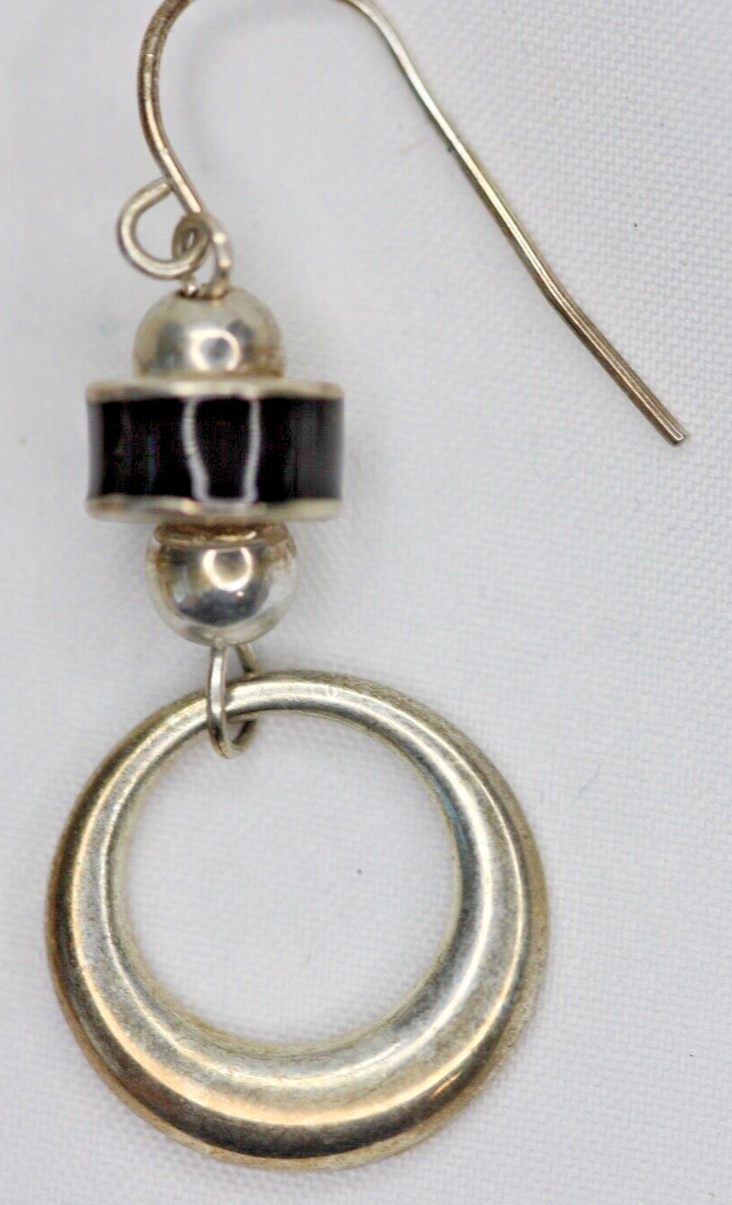Silver Tone Black Enamel Dangle Drop Hoop Earrings