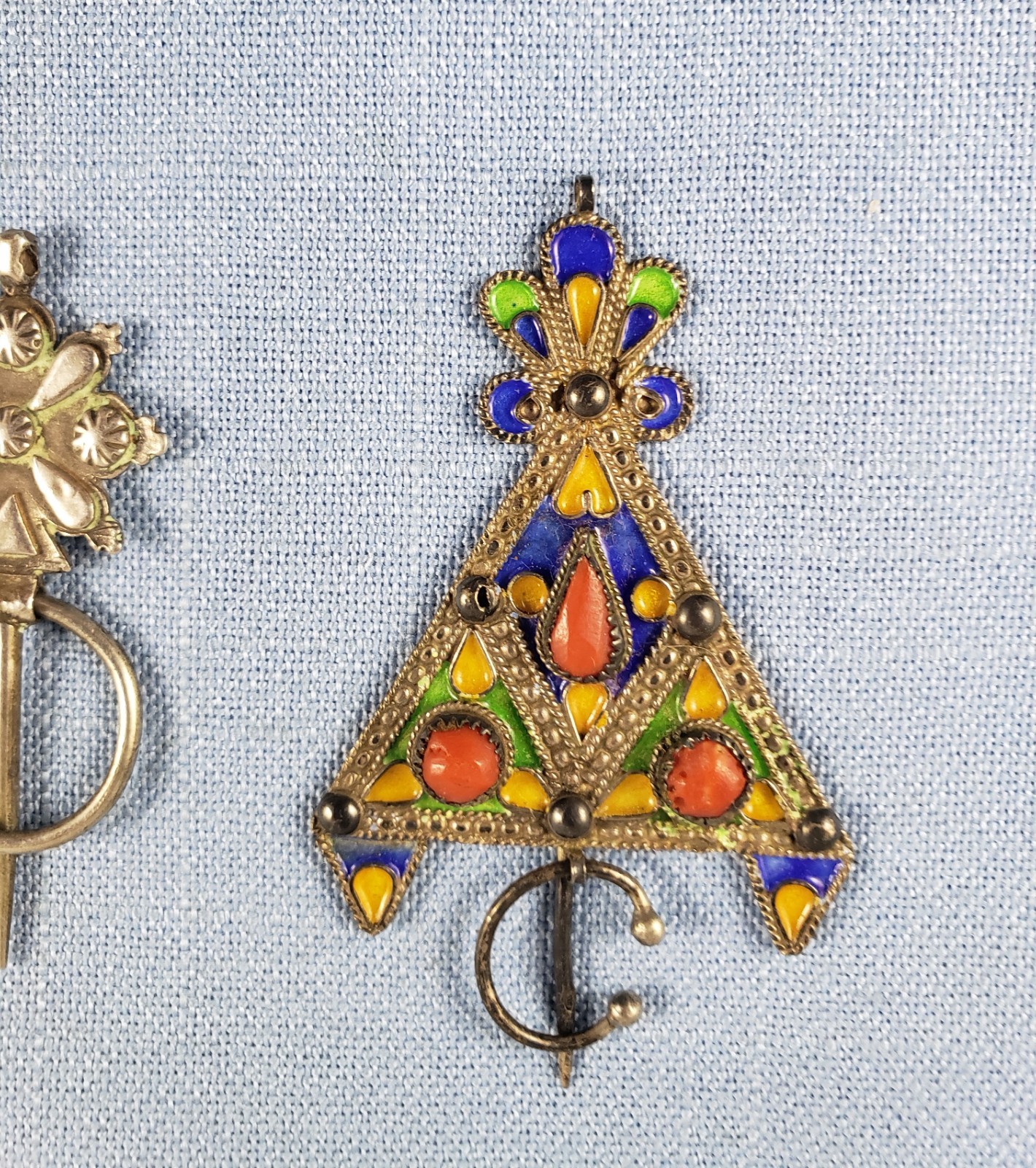 Lot 3 silver Berber Moroccan Fibula Kabyle brooch pins enamel corals