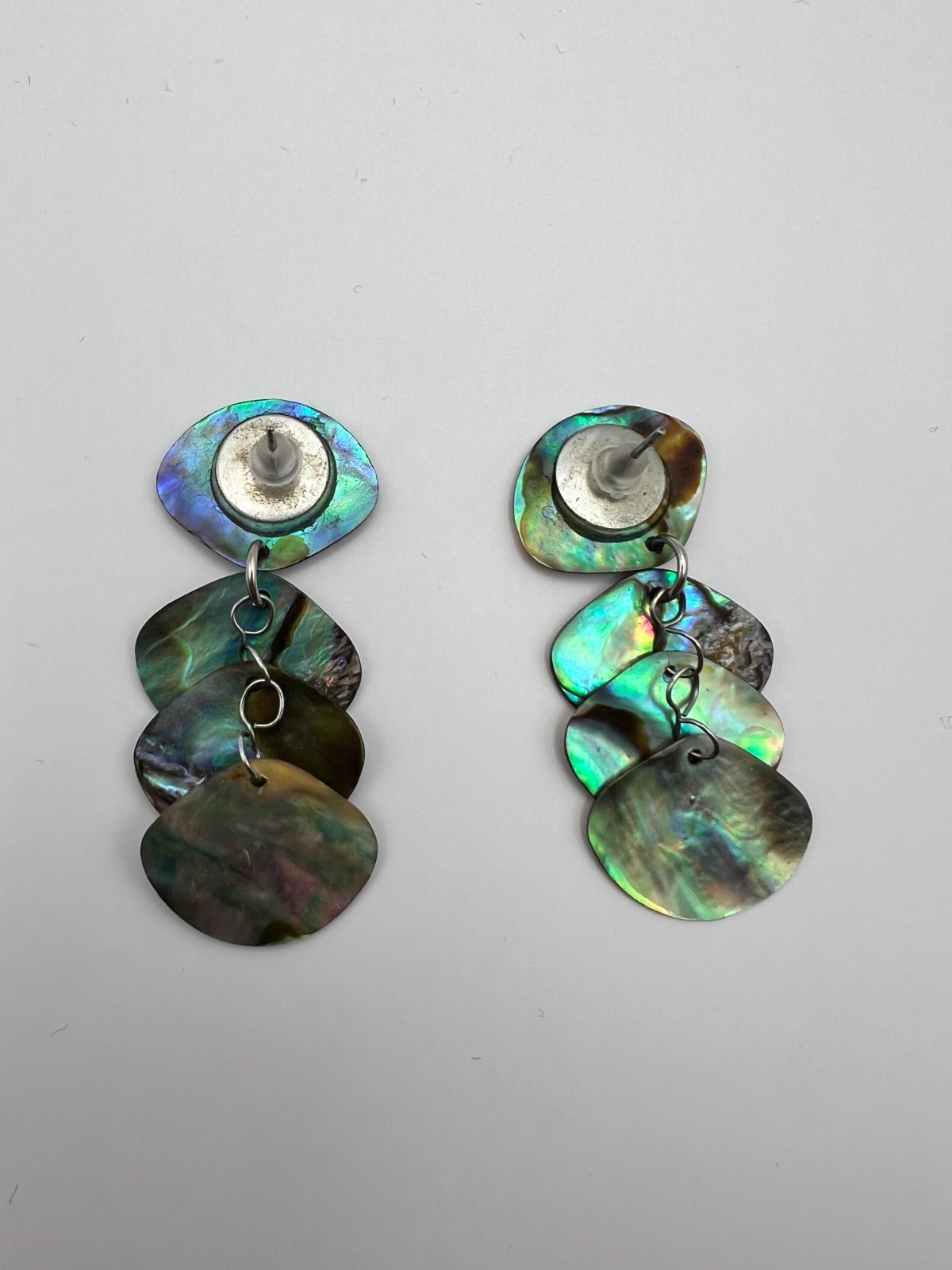 Vintage Abalone Paua Shell Fan Dangle Earrings Iridescent Statement Earrings