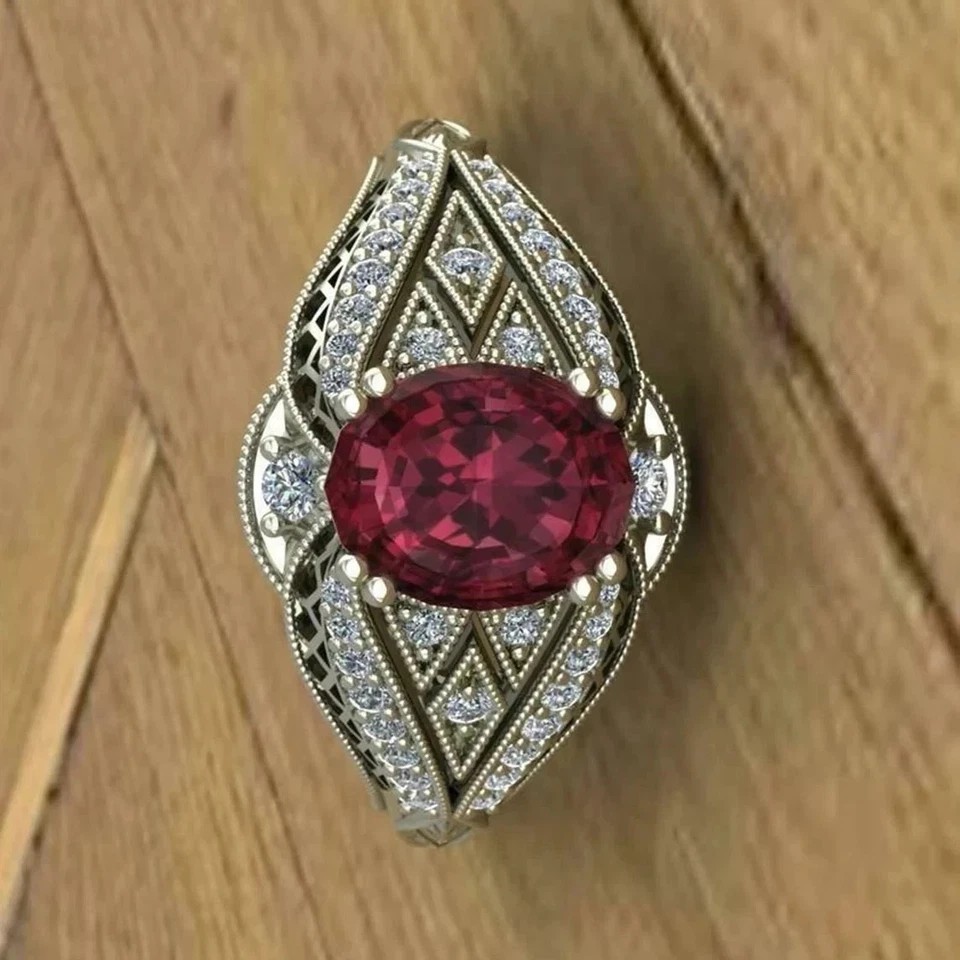 Art Deco Style Oval Lab Created Diamond Ruby 14K White Gold FN Engagement Ring