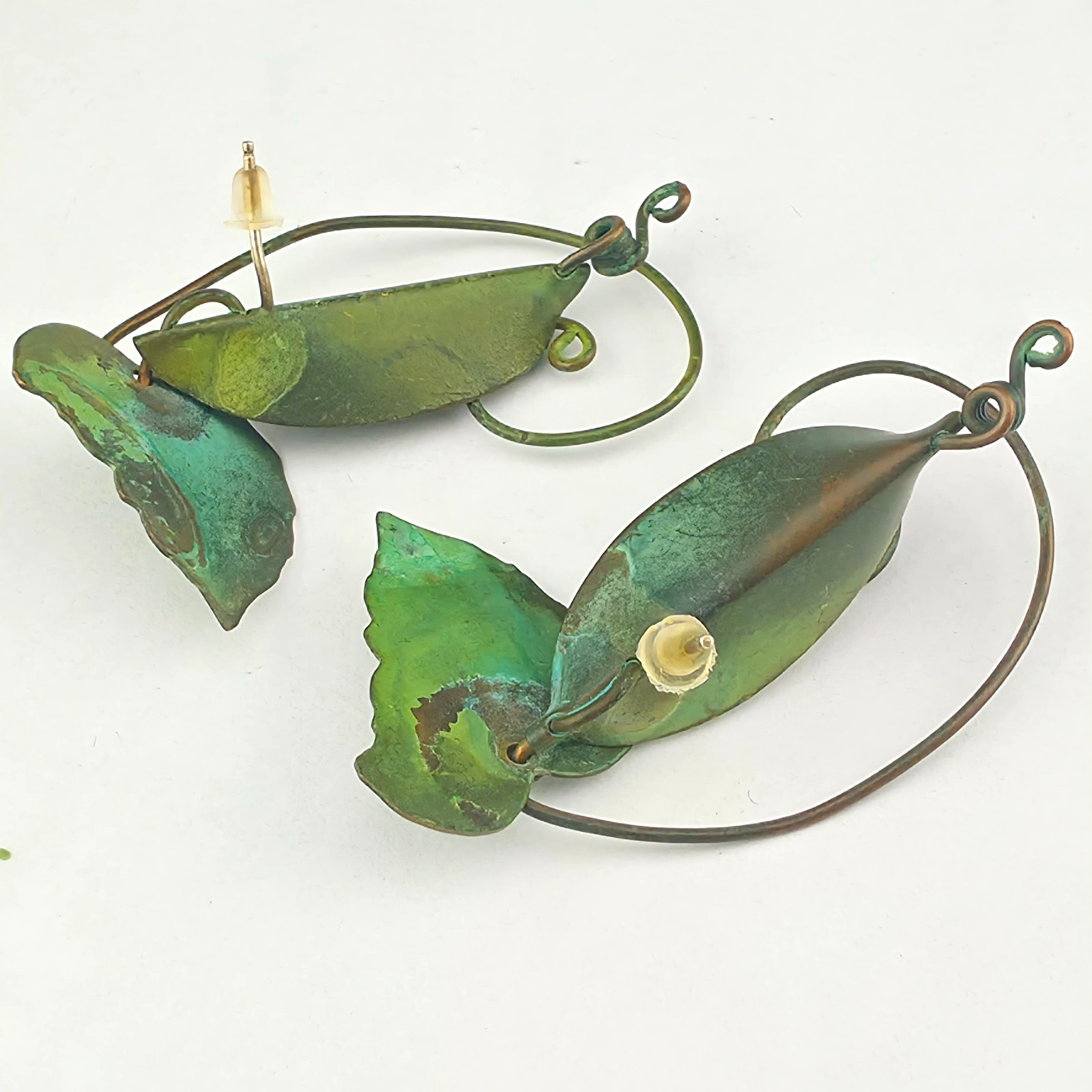 Vintage Hand Made Verdegris Green Pea Pod Drop Earrings 2″ Pierced