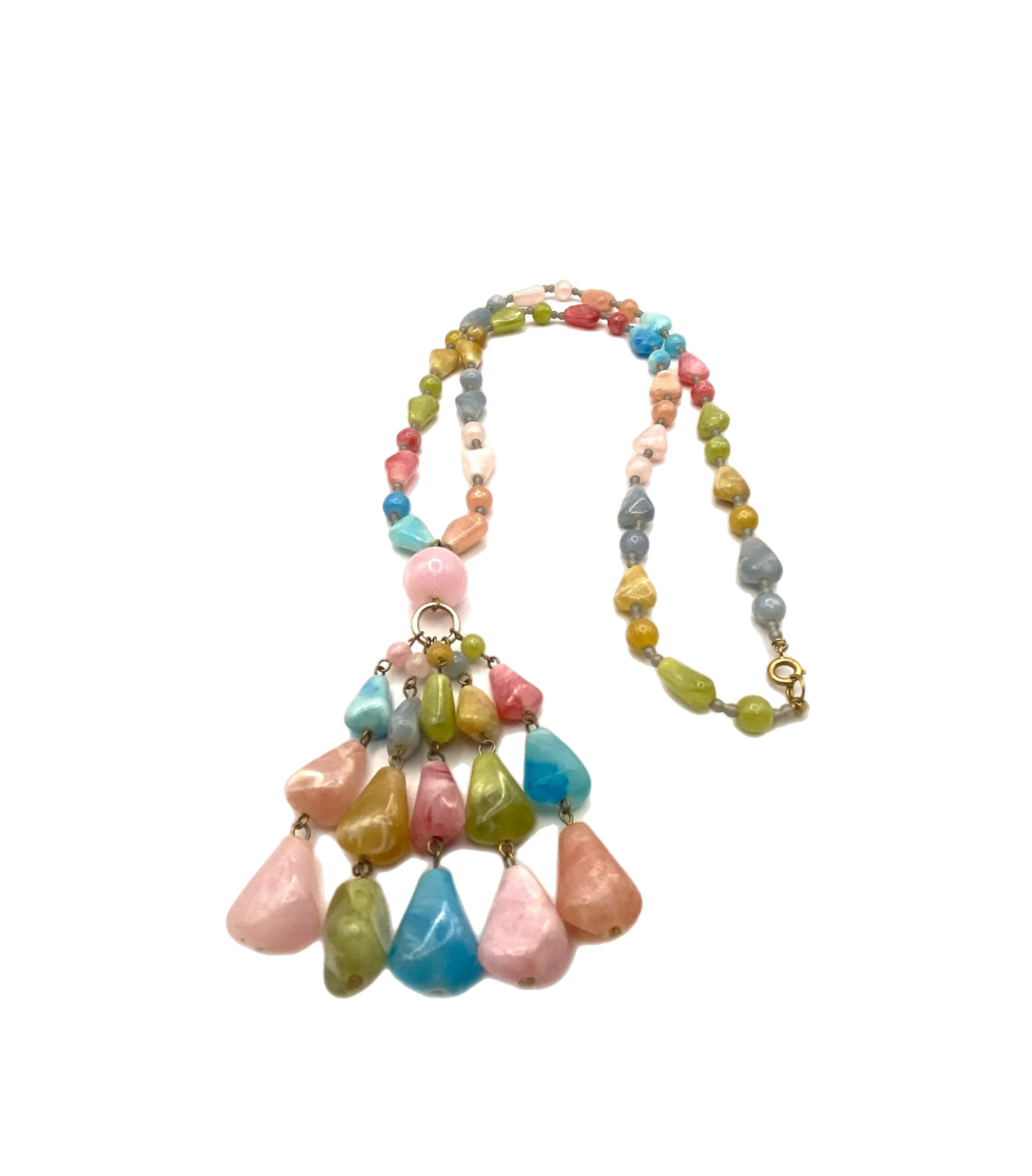 Vintage Chunky Pastel Multi-Color Beaded Tassel Pendant Necklace Plastic 30″