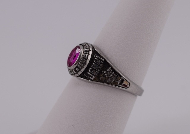 Vintage 1987 Women’s Class Ring Art Carved, Red Stone, White Metal Size 6