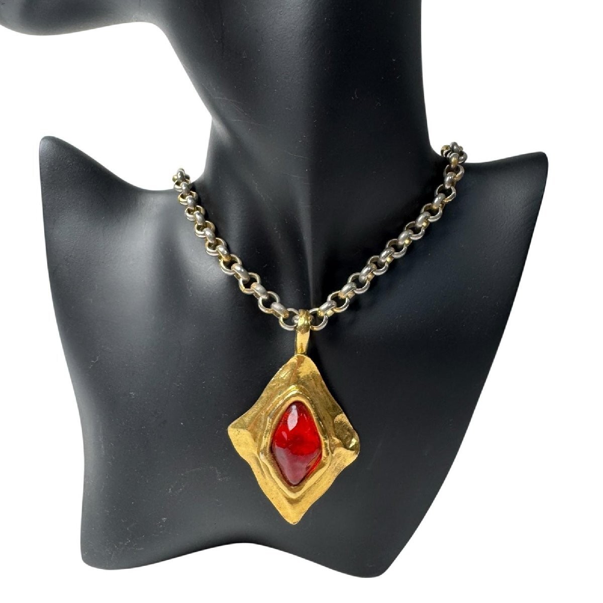 Yves Saint Laurent Authentic Vintage Gold Tone Necklace Red Resin Pendant Chain