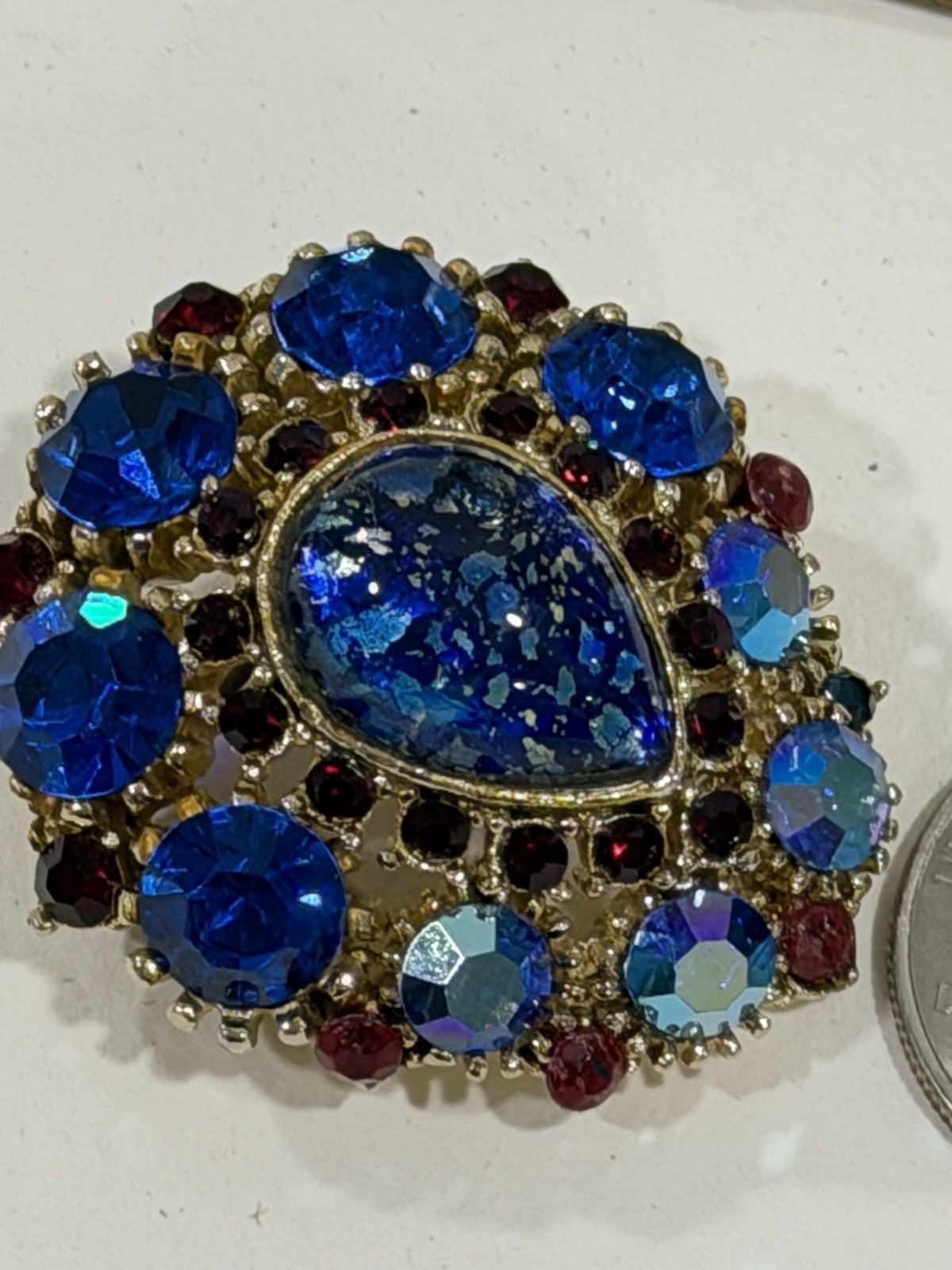 Vintage Brooch Center Teardrop Colbalt Blue AB Rhinestone Ruby Red Accent Stones