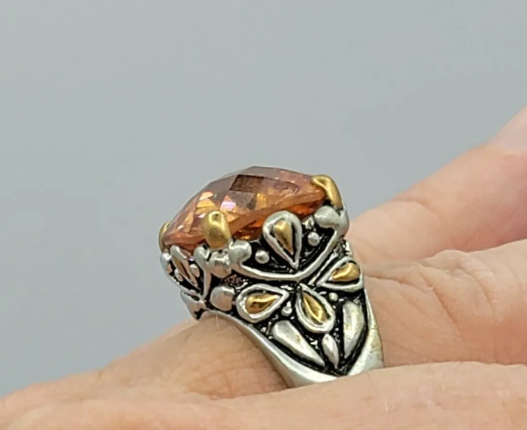 Vtg Sz 6 Ring Lg Citrine Topaz Cubic Zirconia Flower Medieval Fashion Jewelry