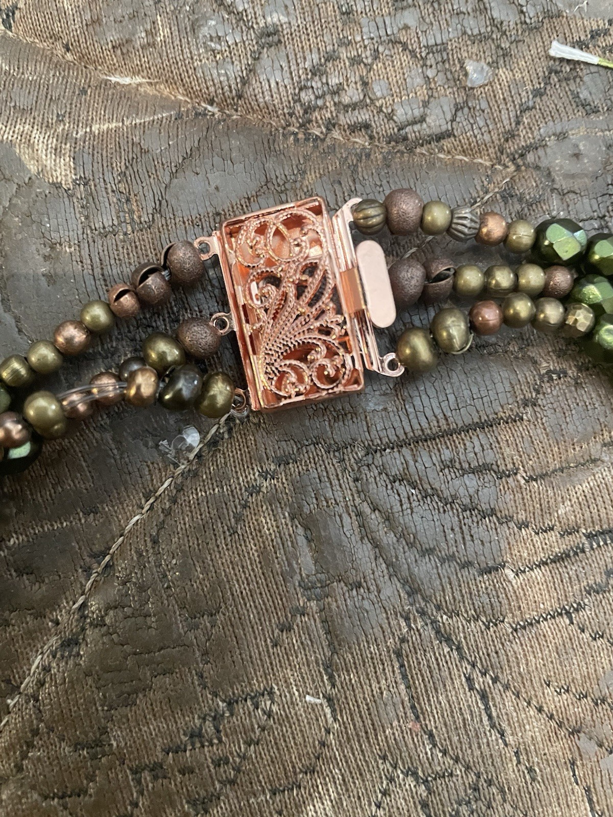 Retro Hunter Green Czech Fire Polished Faceted Pearl Bead 3-Strand Necklace