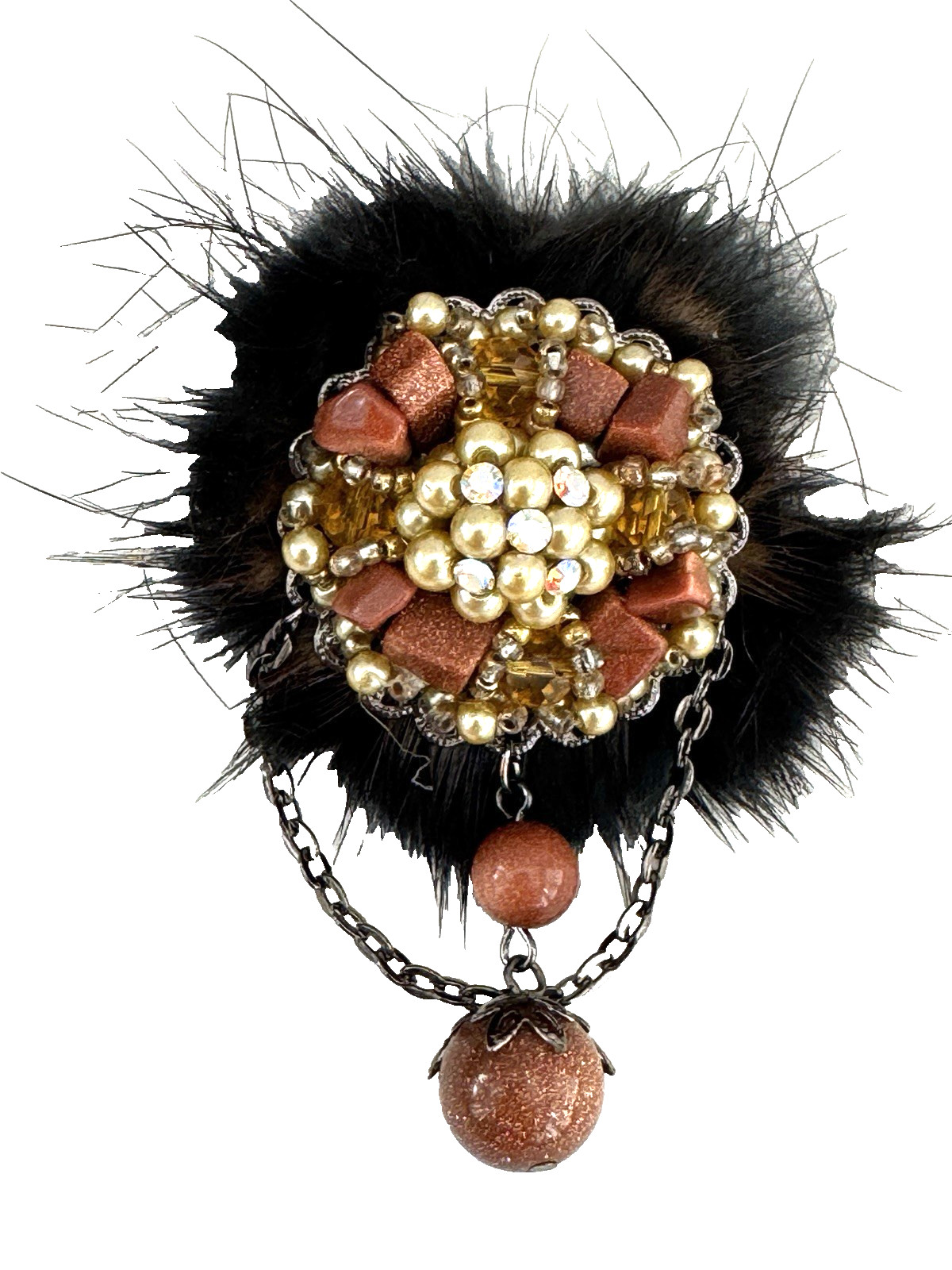 VTG Mink Fur Beaded Brooch 1960s Faux Pearl Aurora Borealis