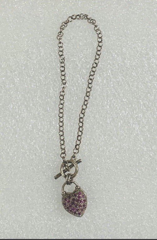 Sterling Silver Vintage Chain Bracelet W/Crystal Heart Charm & Toggle Clasp