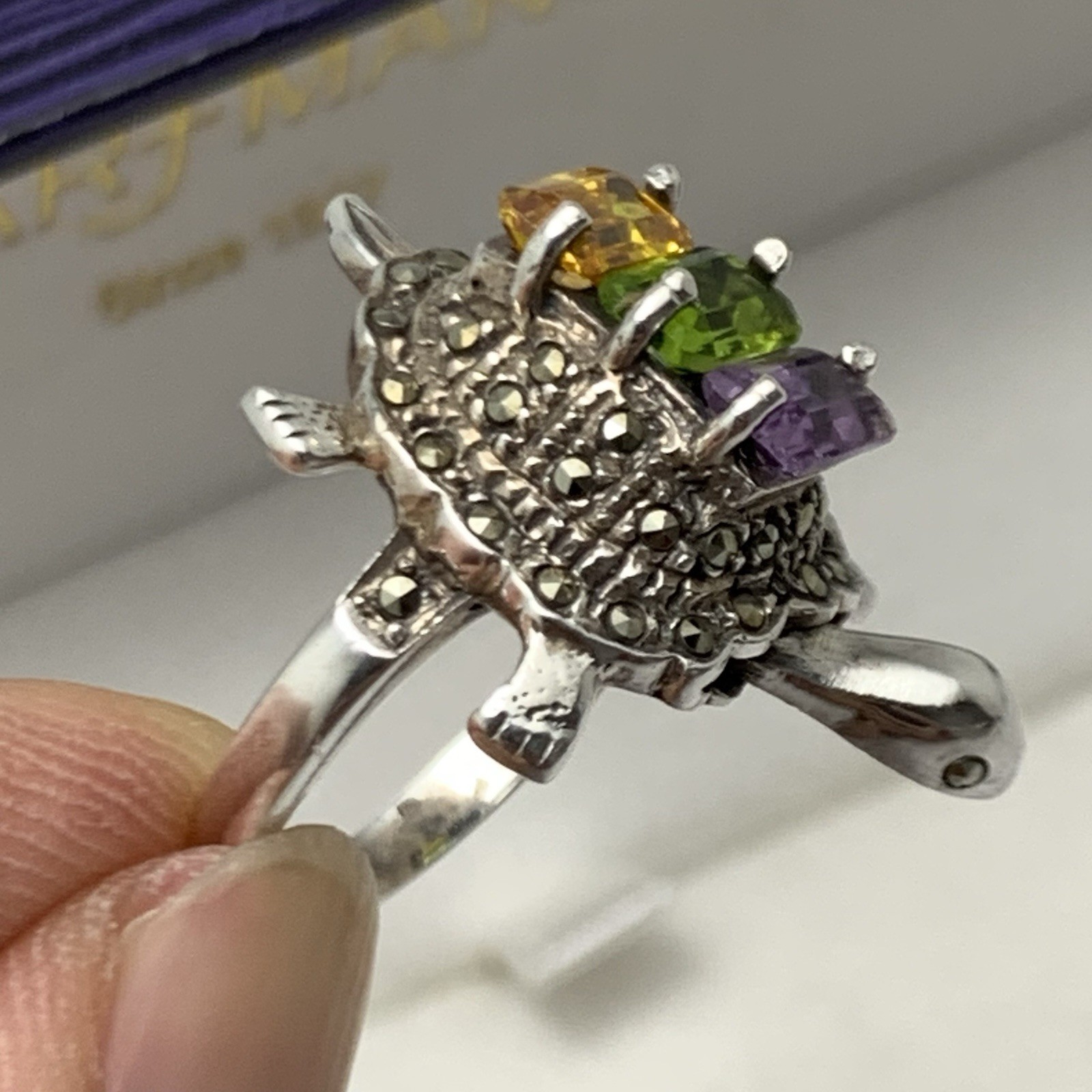 Vtg Turtle Ring w Moving Head 925 Sterling Silver Multi Colored Gem / Marcasite