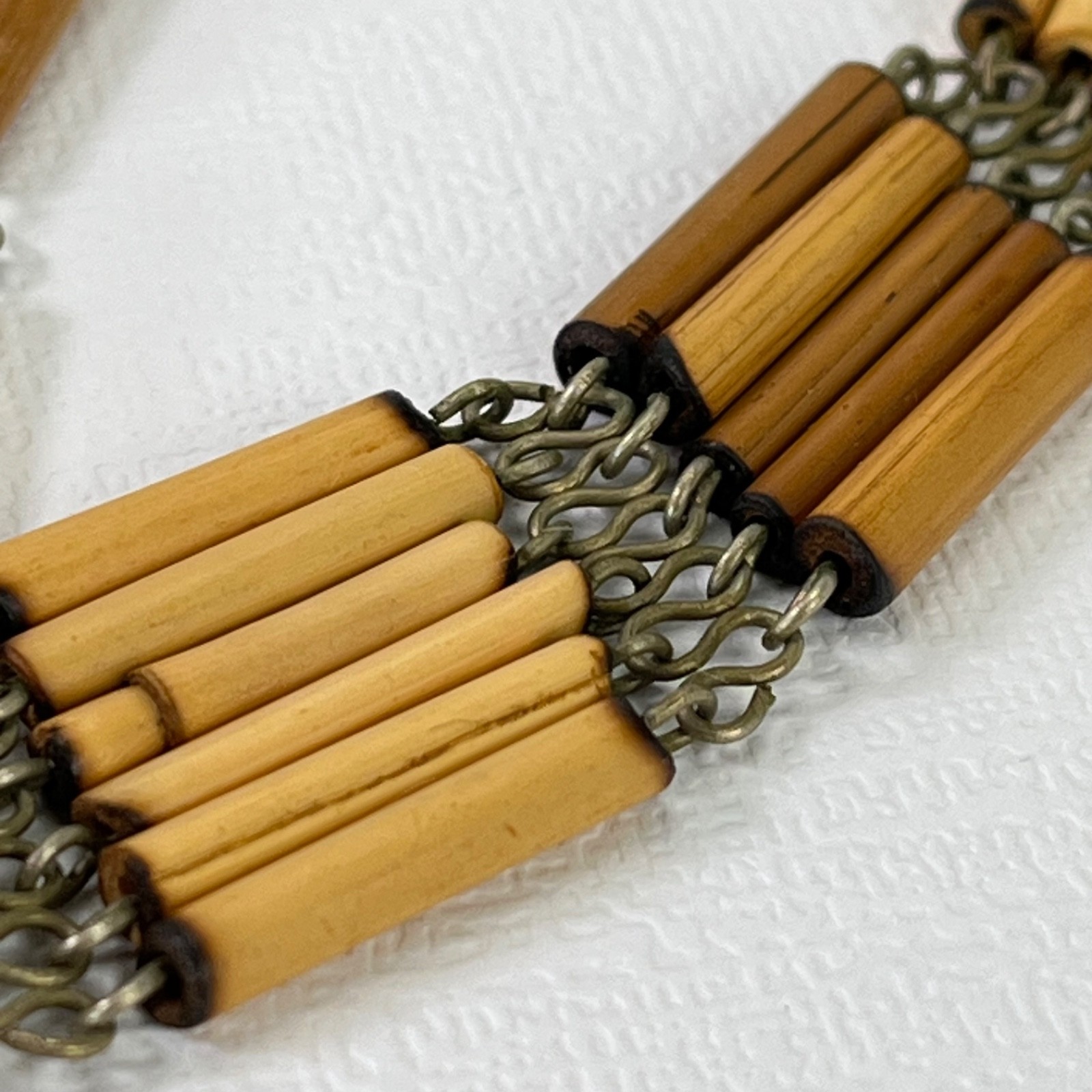 Vintage Boho Necklace Blue Stone Pendant Bamboo Bead Bib Statement 16”