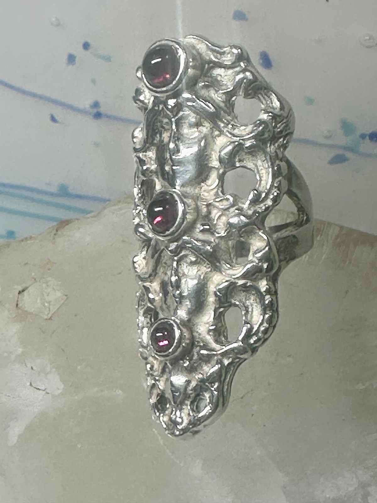 Face ring long figurative Art Deco influences garnets size 5.75 sterling silver
