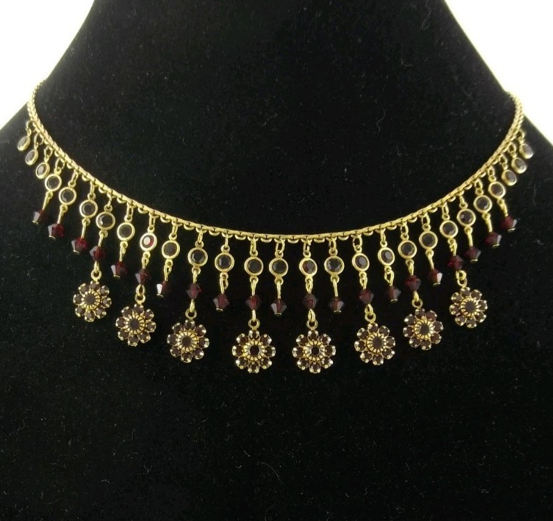 15.5″ Austrian Crystal USA Red Rhinestone Flower Bezel Necklace