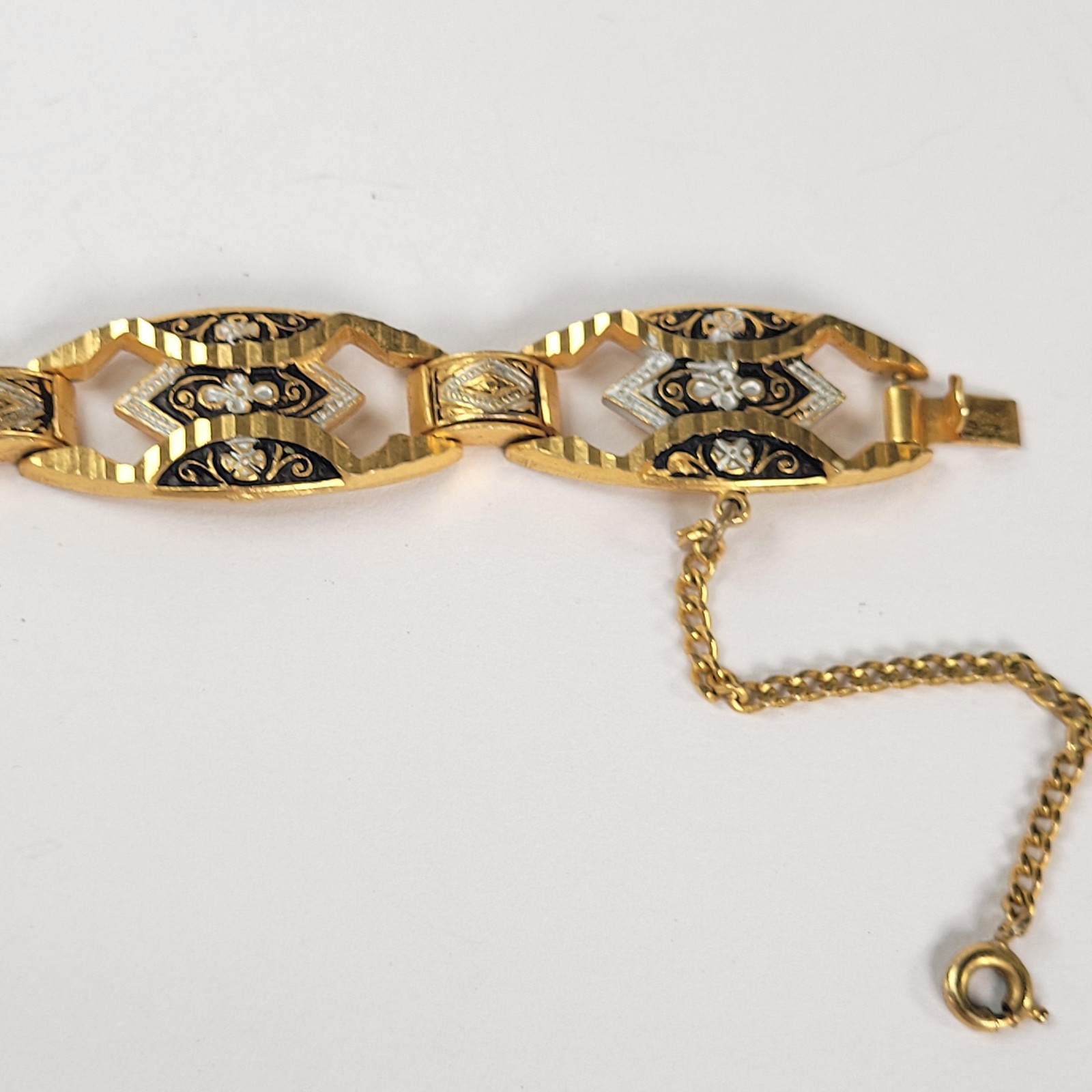Gold Tone Damascene Link Bracelet Black Enamel Floral Safety Chain Jewelry 7in