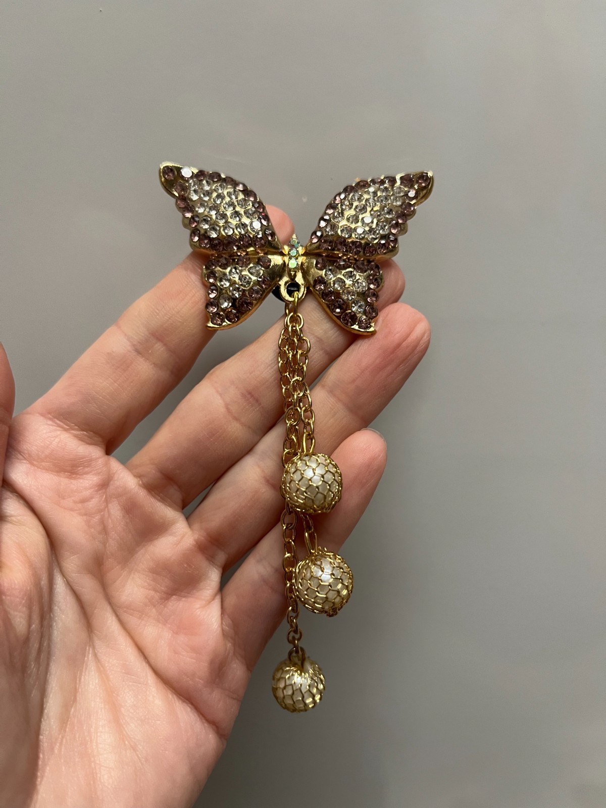 Gemstone butterfly trinket with dangling caged pearls