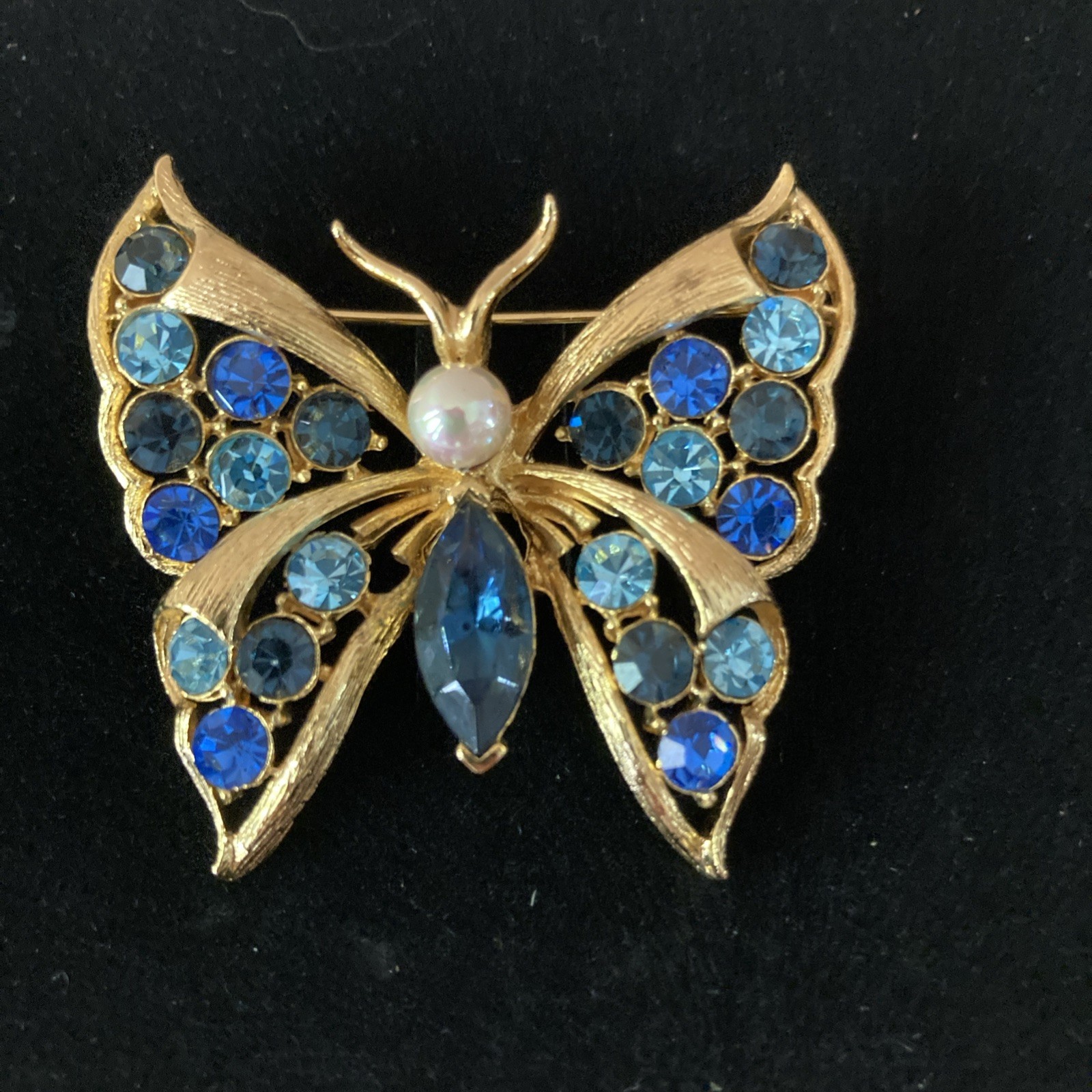 Butterfly Brooch Rhinestone Blue Gold Tone Vintage Lia Signed Bug Pin