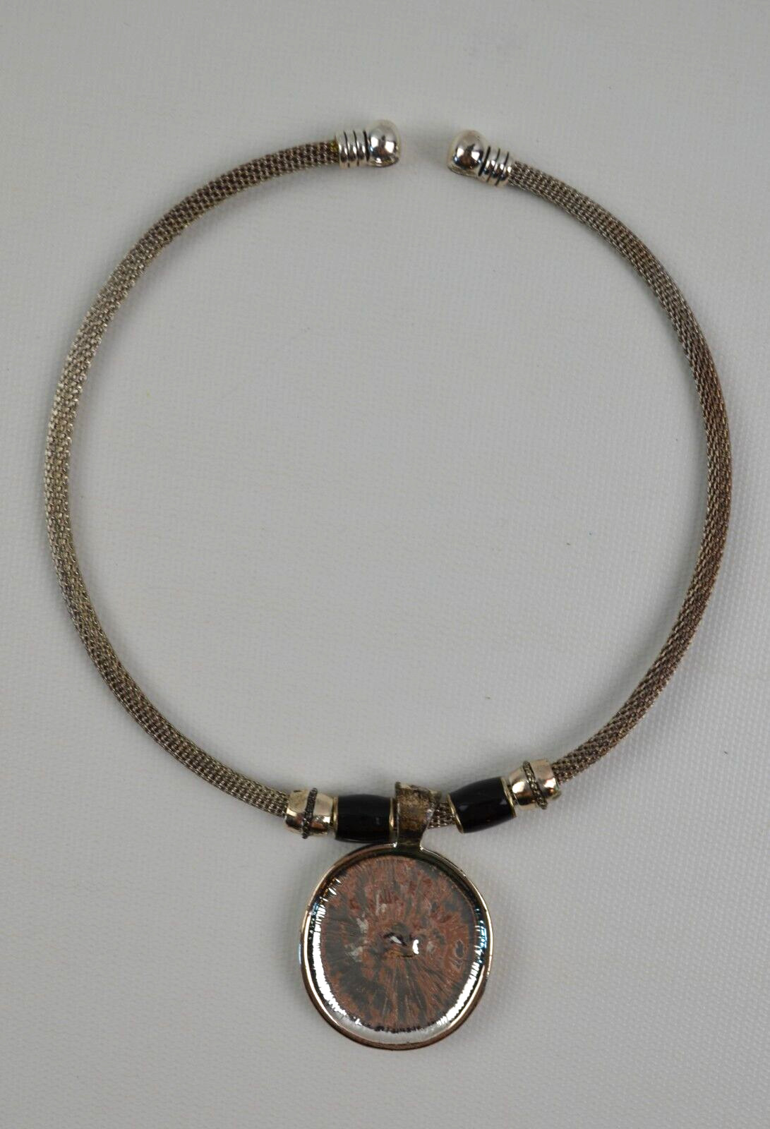 Vintage Silver Tone Snake Choker w/ Round Pendant Sunset Pattern 16″