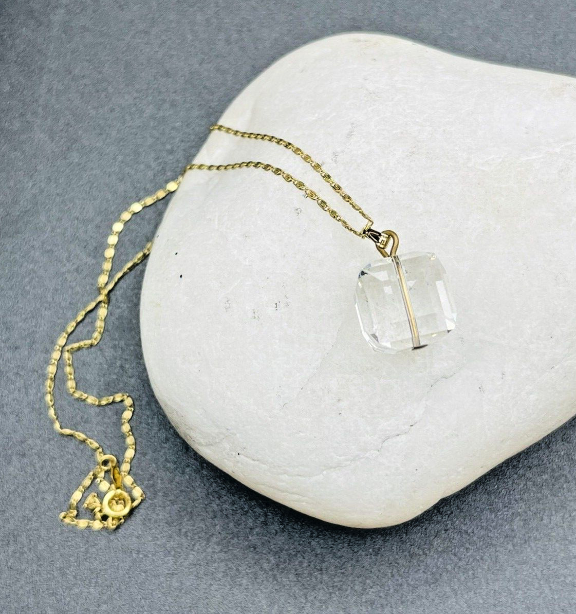 AC Automatic Chain Co 12K GF Square Faceted Crystal Pendant Necklace Vintage