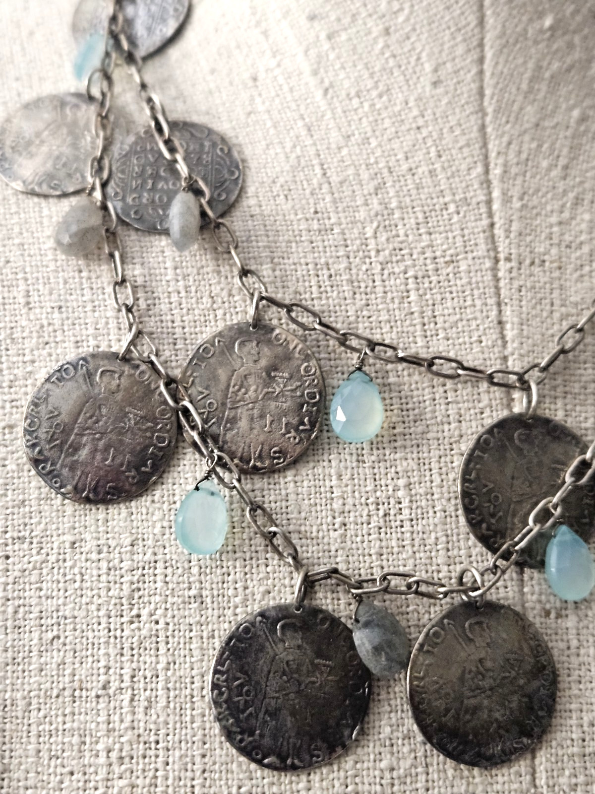 Vintage Stella & Dot Riviera Chalcedony / Labradorite Multi Strand Coin Necklace