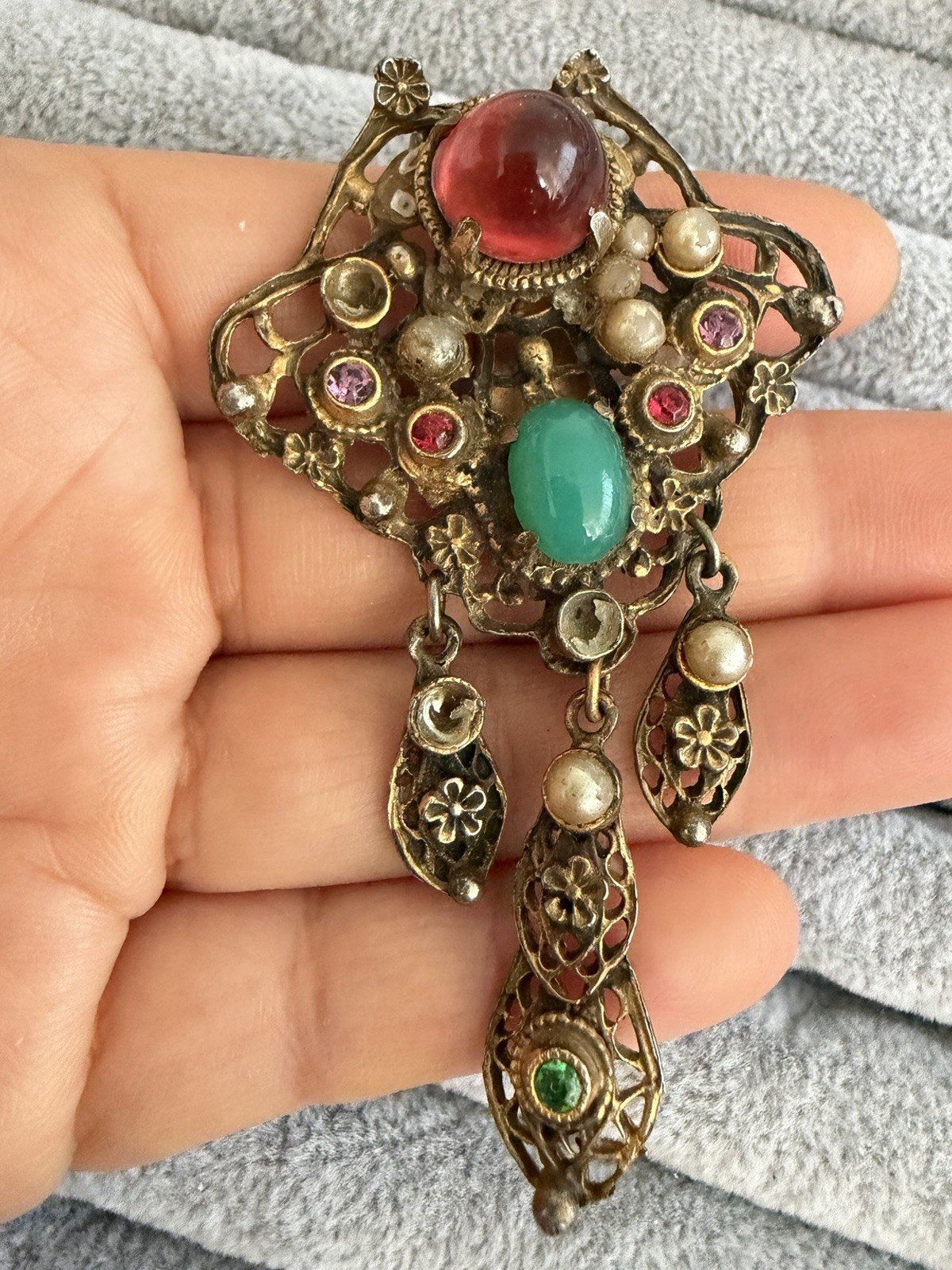 Vintage Filigree Dangle Clip Brooch Faux Pearls Cabochons Rhinestones AS IS