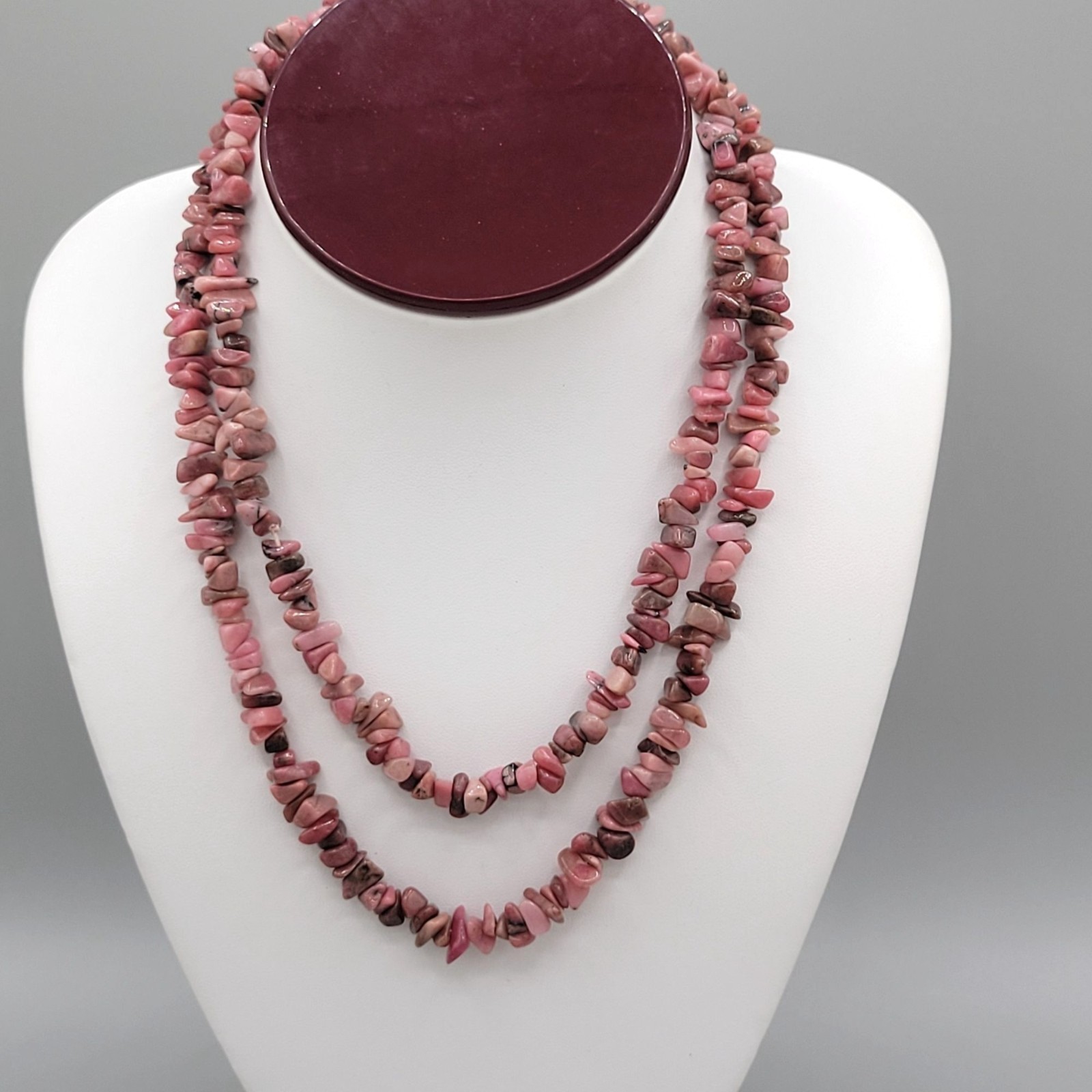 Pink Rhodonite Stone Chips Boho Long Necklace Natural Polished Vintage 32″