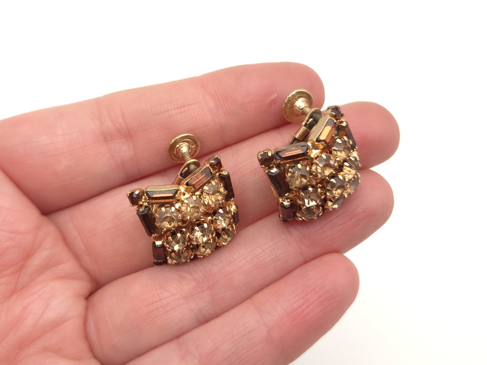 Vintage Hobe Signed Gold Tone Brown Rhinestone Adjustable Clip On Earrings
