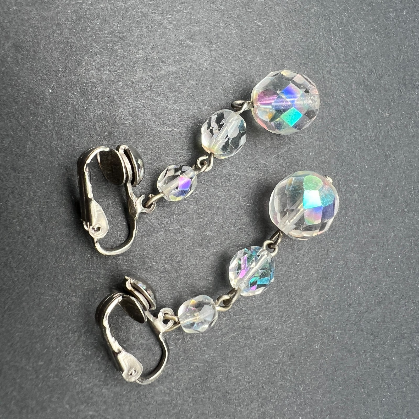 Vintage AB Clip On Earrings Faceted Crystal Dangle Drop Old Money Classic