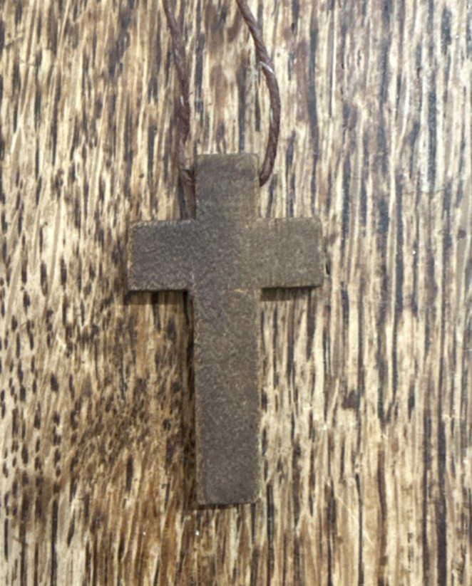 Vintage 80s Cross INRI Necklace Pendant Rosary OLIVE WOOD Hemp Cord COLLECTIBLE