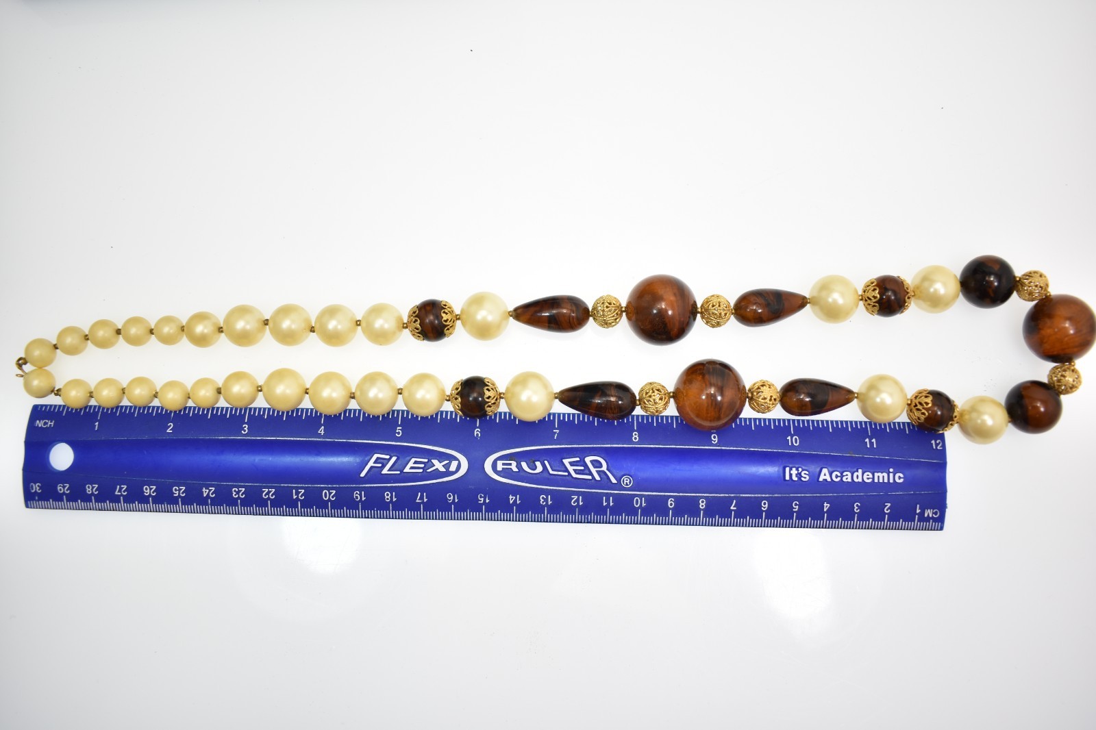 Vintage chunky brown and faux pearl beaded statement necklace with gold tone