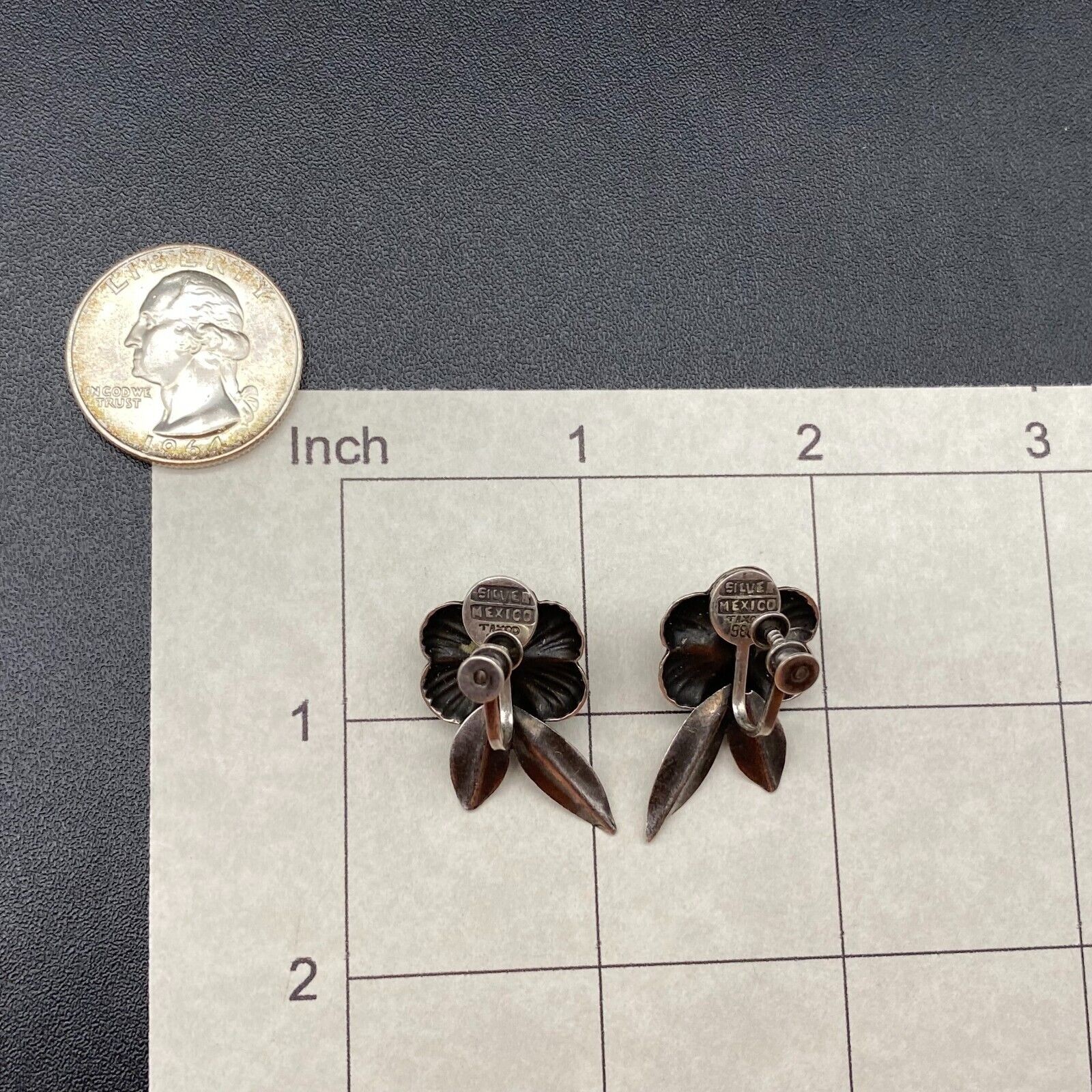 Vintage Mexico Amethyst Flower Sterling Silver Taxco 980 Screw Back Earrings