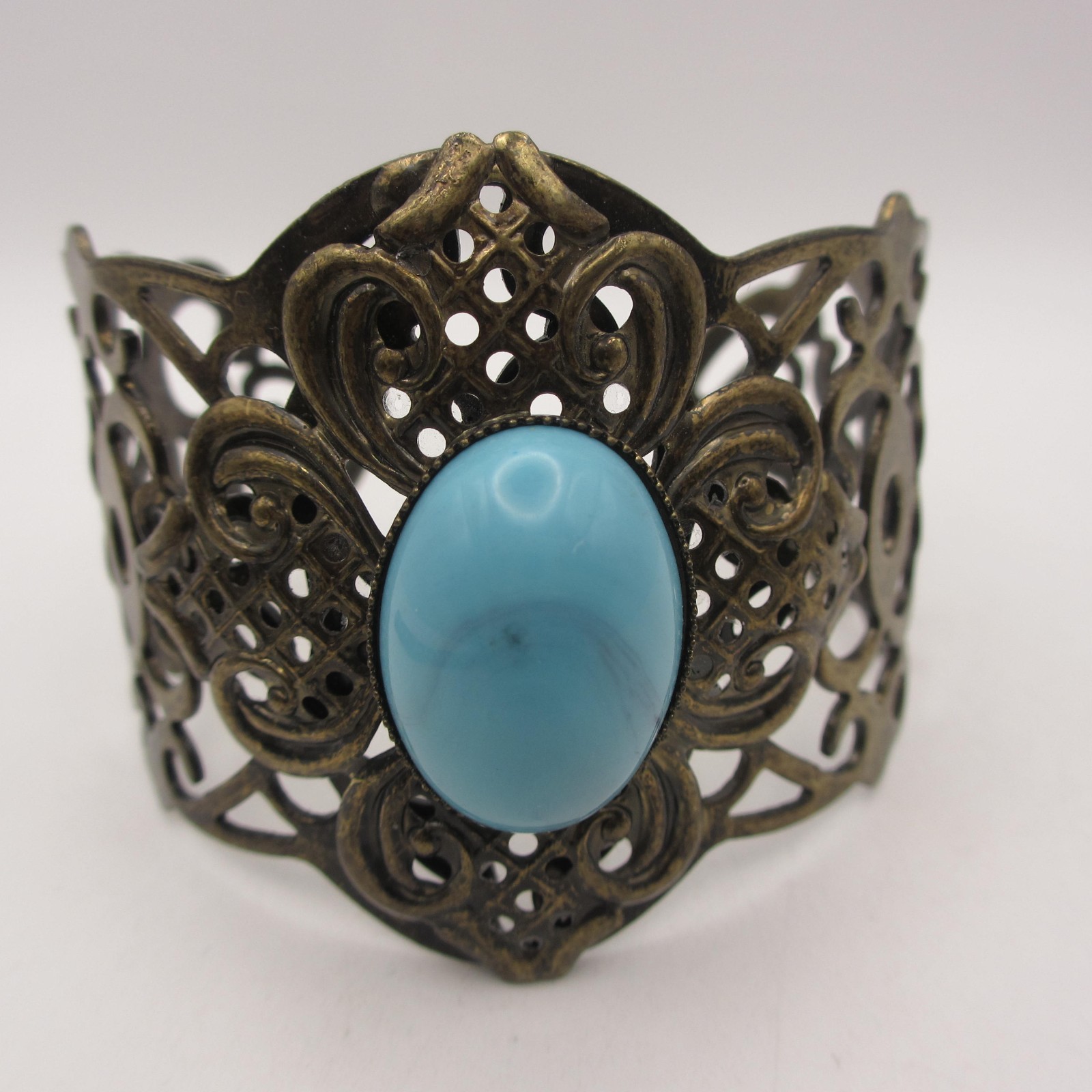 Vintage Open Cuff Bracelet Filigree Bronze Tone Blue Cabochon Statement