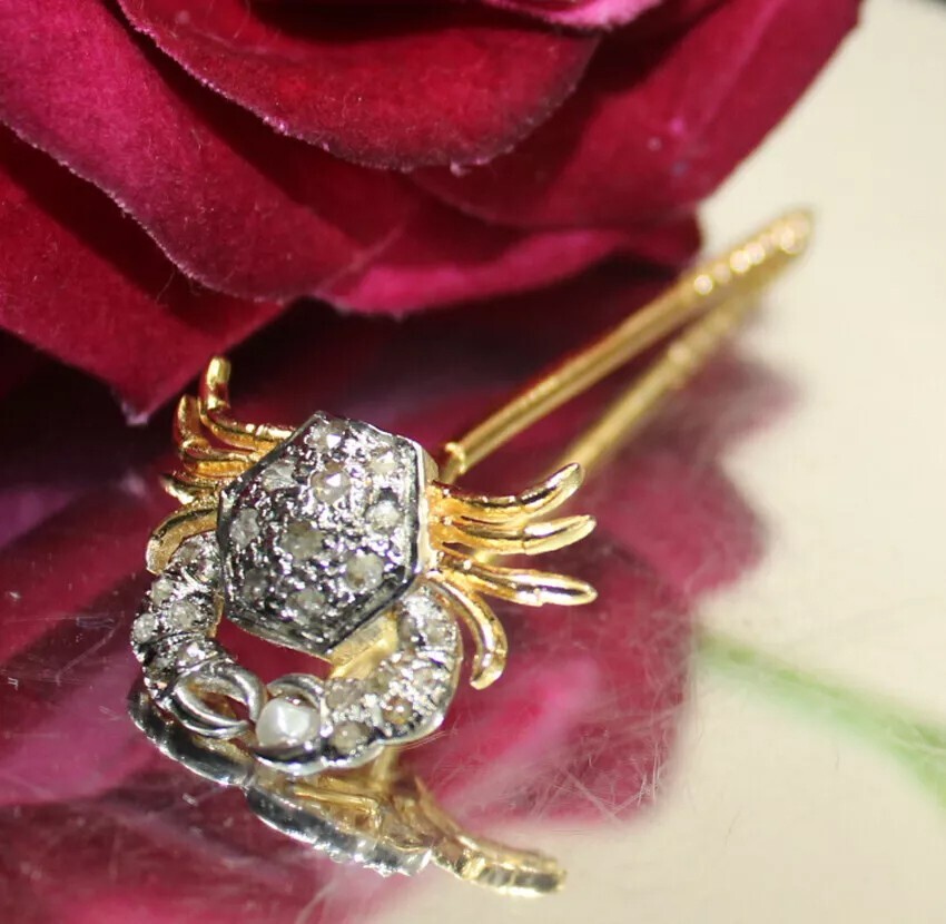 1.10ct Rose Cut Diamond 925 Silver Pearl Anniversary Wedding Crab Stick Pin