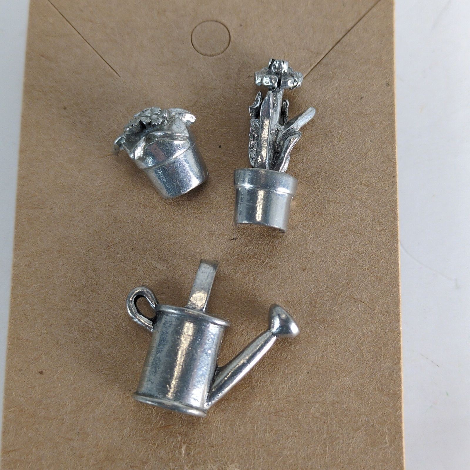 Set 3 Jim Clift Pewter Garden Lapel Tack Pins, Vintage 90s, Watering Can Flowers