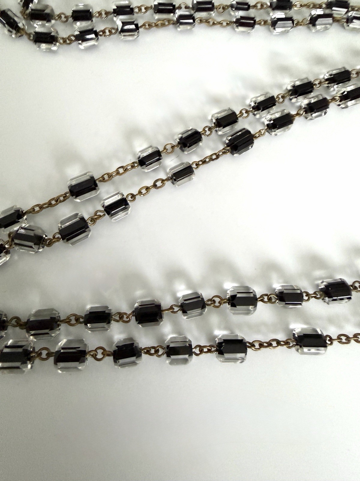 Antique Czech Jet Black & Clear Geometric Glass Bead 60″ + Extra Long Necklace