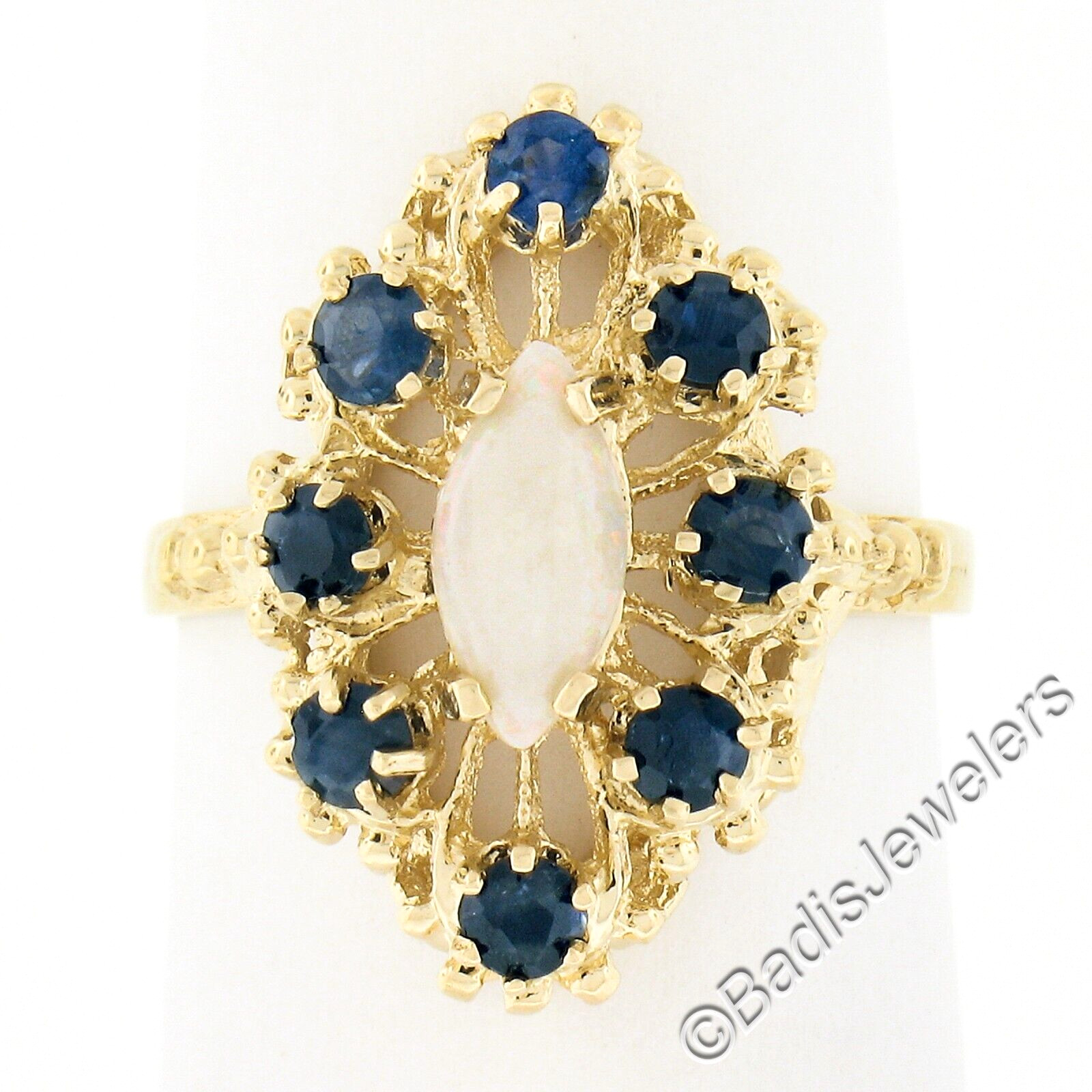 Vintage 14k Gold Marquise Cabochon Opal & .40ct Sapphire Open Textured Work Ring