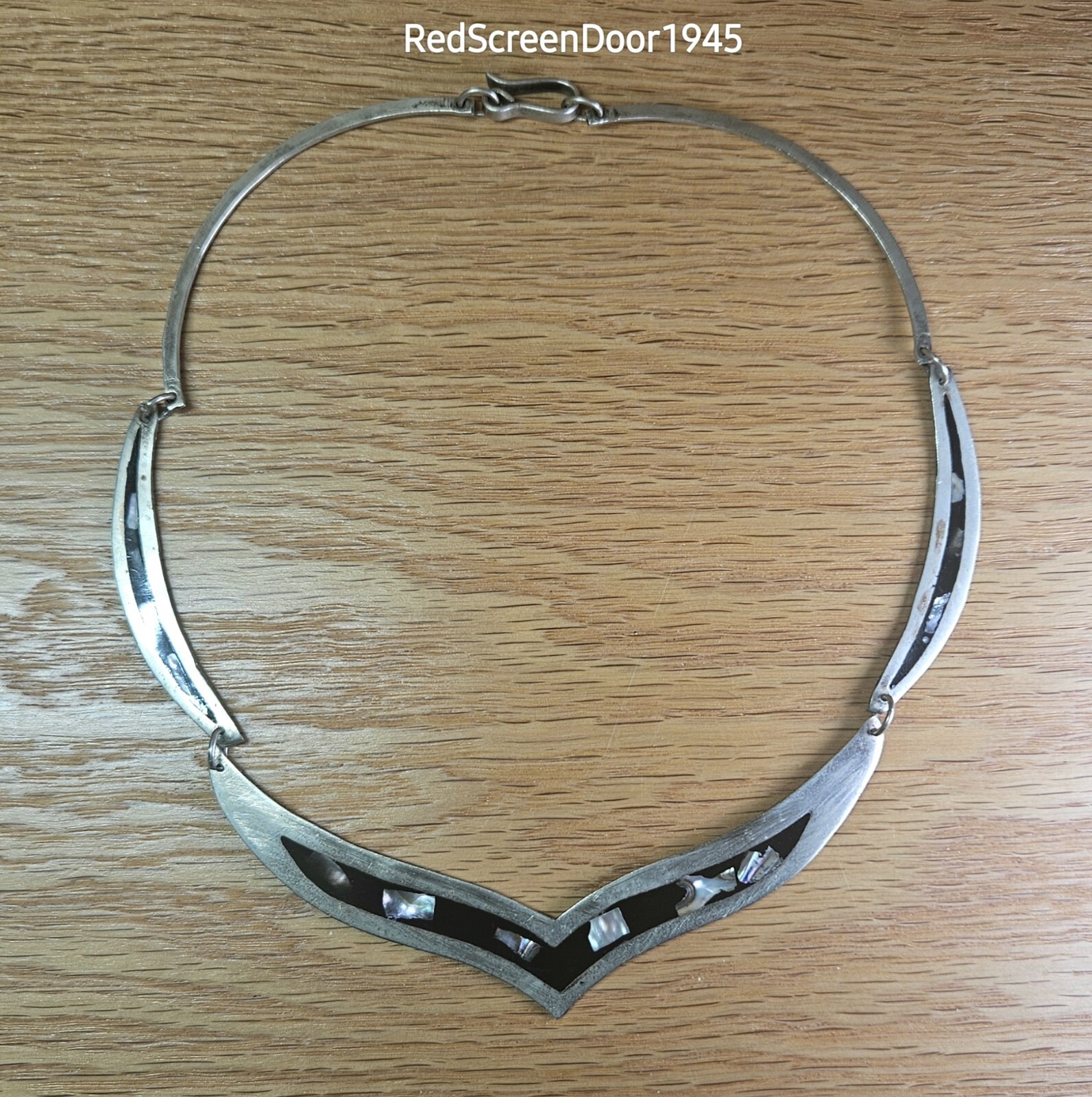 Modernist Albalone & Resin Metal Necklace Vintage 1980s Alpaca Alloy