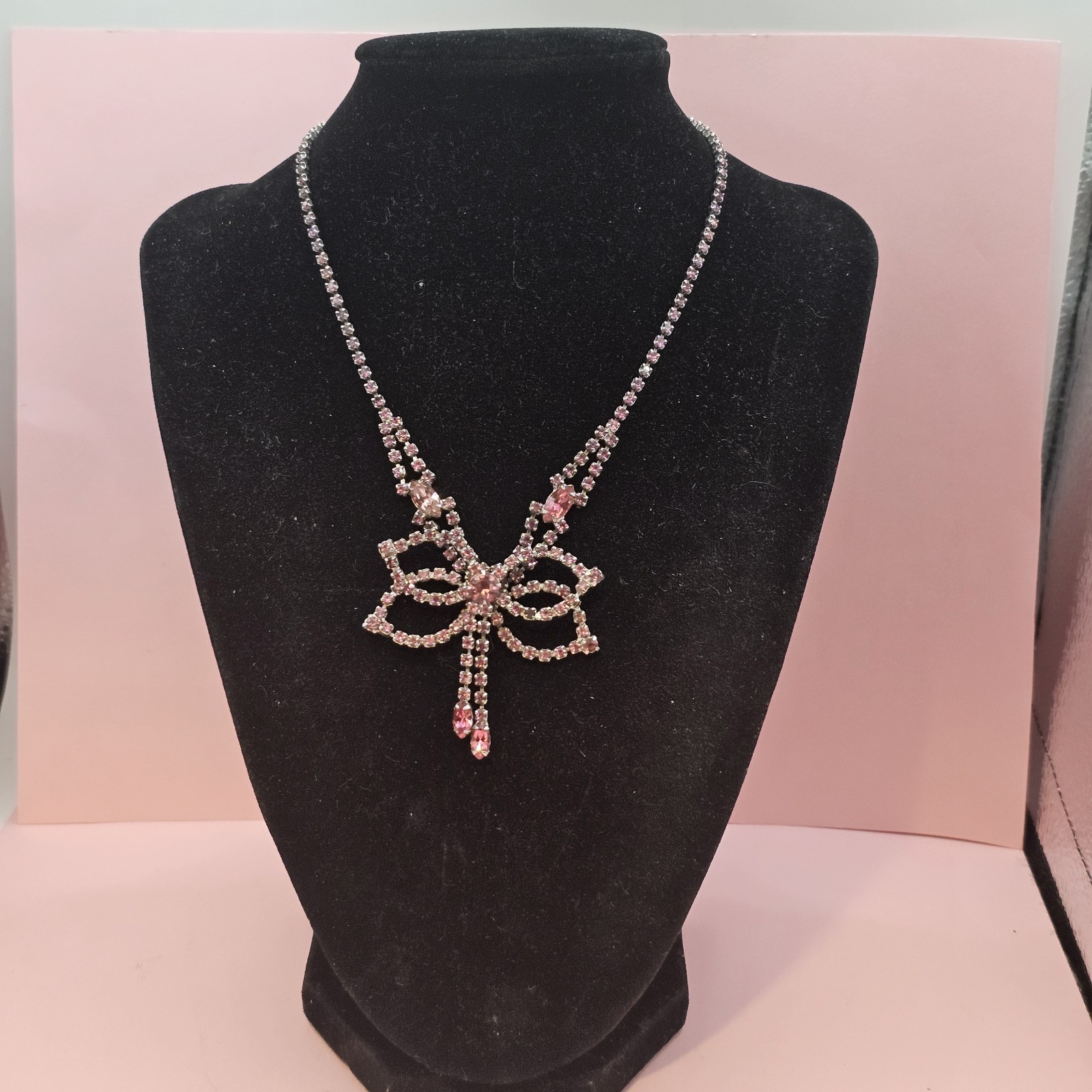 Vintage Pink Rhinestone Necklace Bow Statement Drop Bib Silvertone 1980s Prom