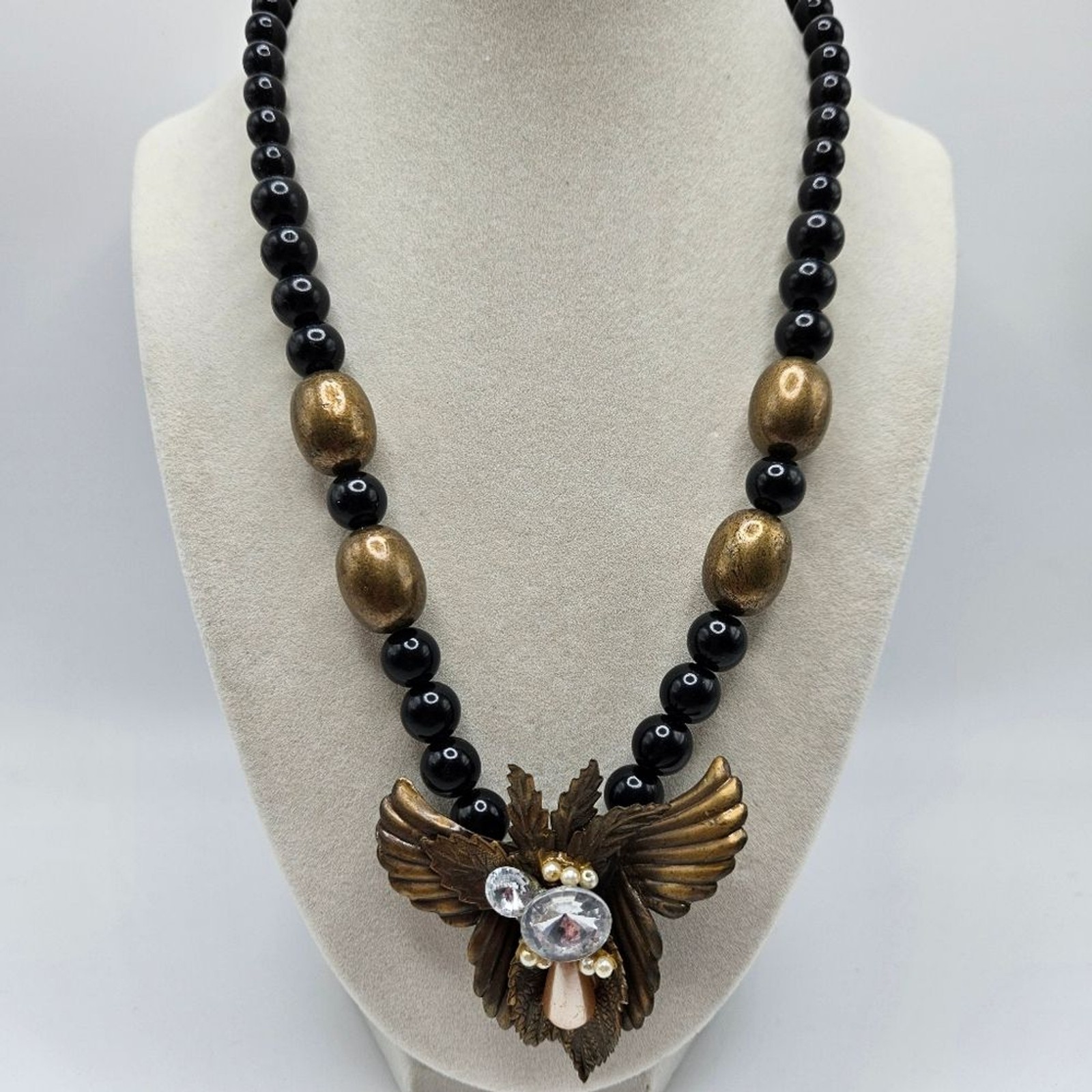 VINTAGE Art Deco Black and Copper Tone Statement Beaded Necklace
