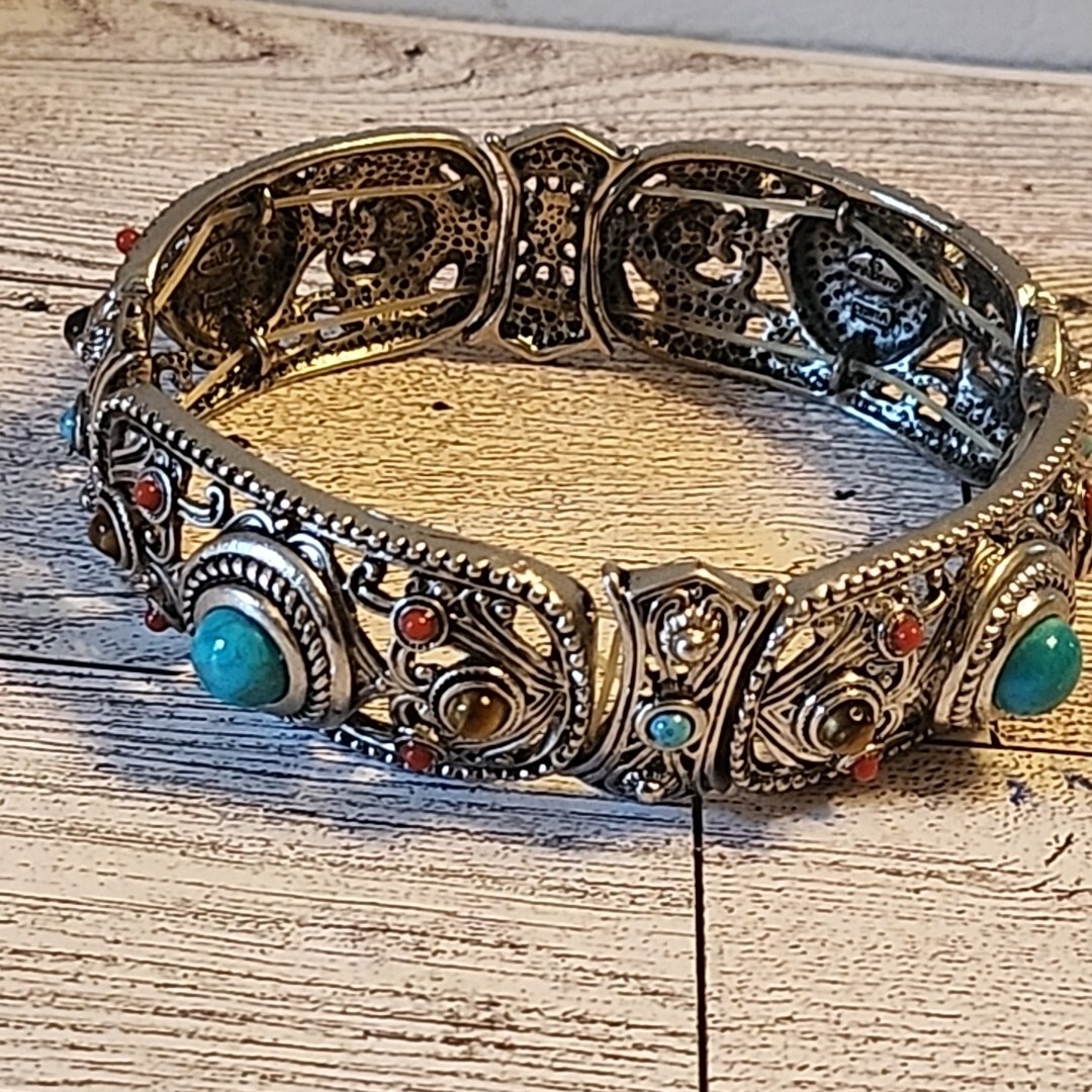 XL Graziano Bracelet Faux Turquoise and Red Bead Silvertone Stretch Band Vintage