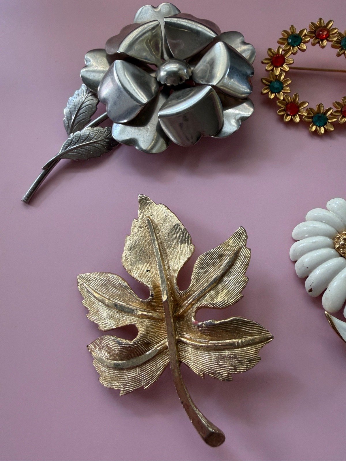 Vintage Brooch Lot Gold Silver Tone Floral Leaf Rhinestone 50s 60s 80s