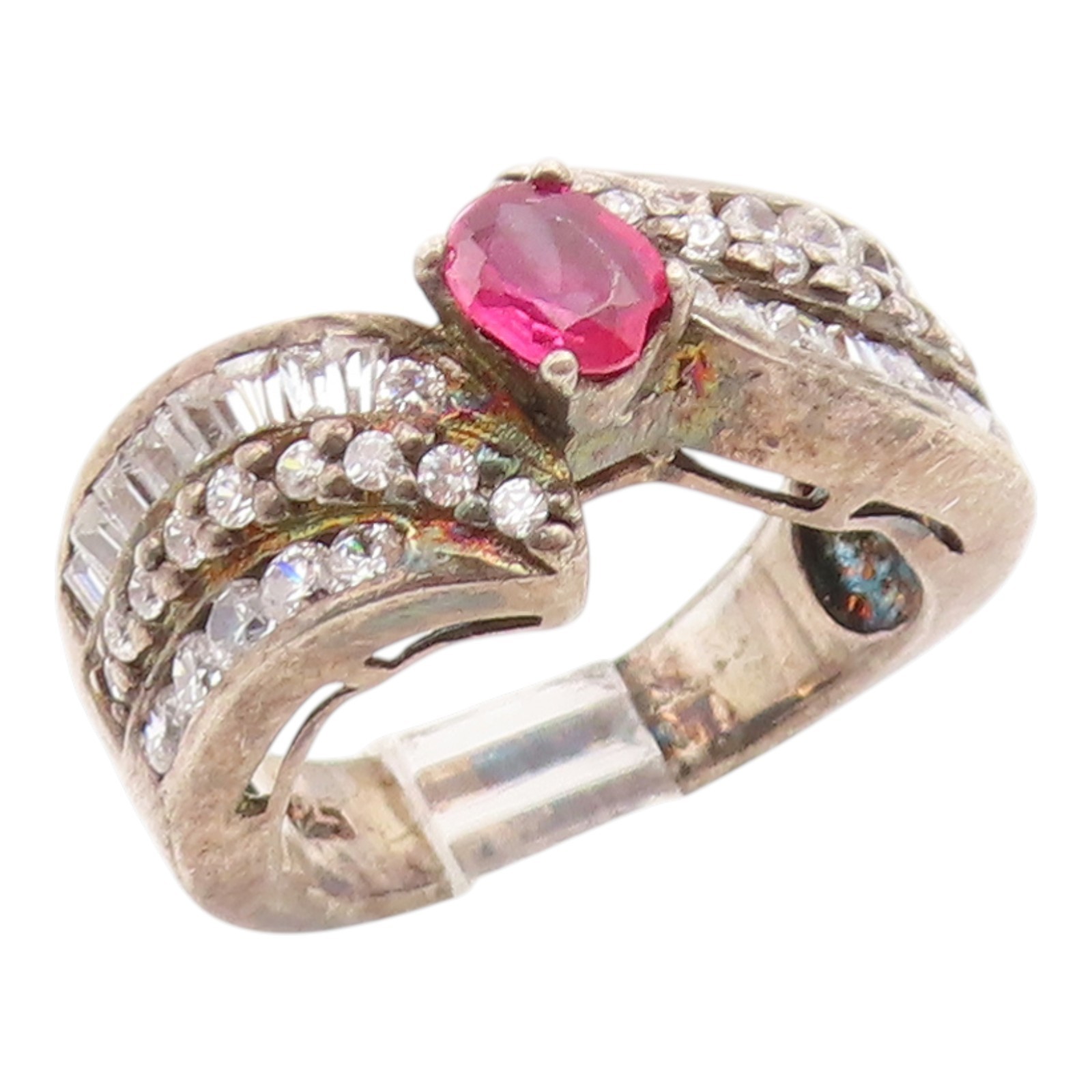 925 Sterling Silver Vintage Ring Oval Ruby & Sapphire Bypass Band Sz 6 RG35861