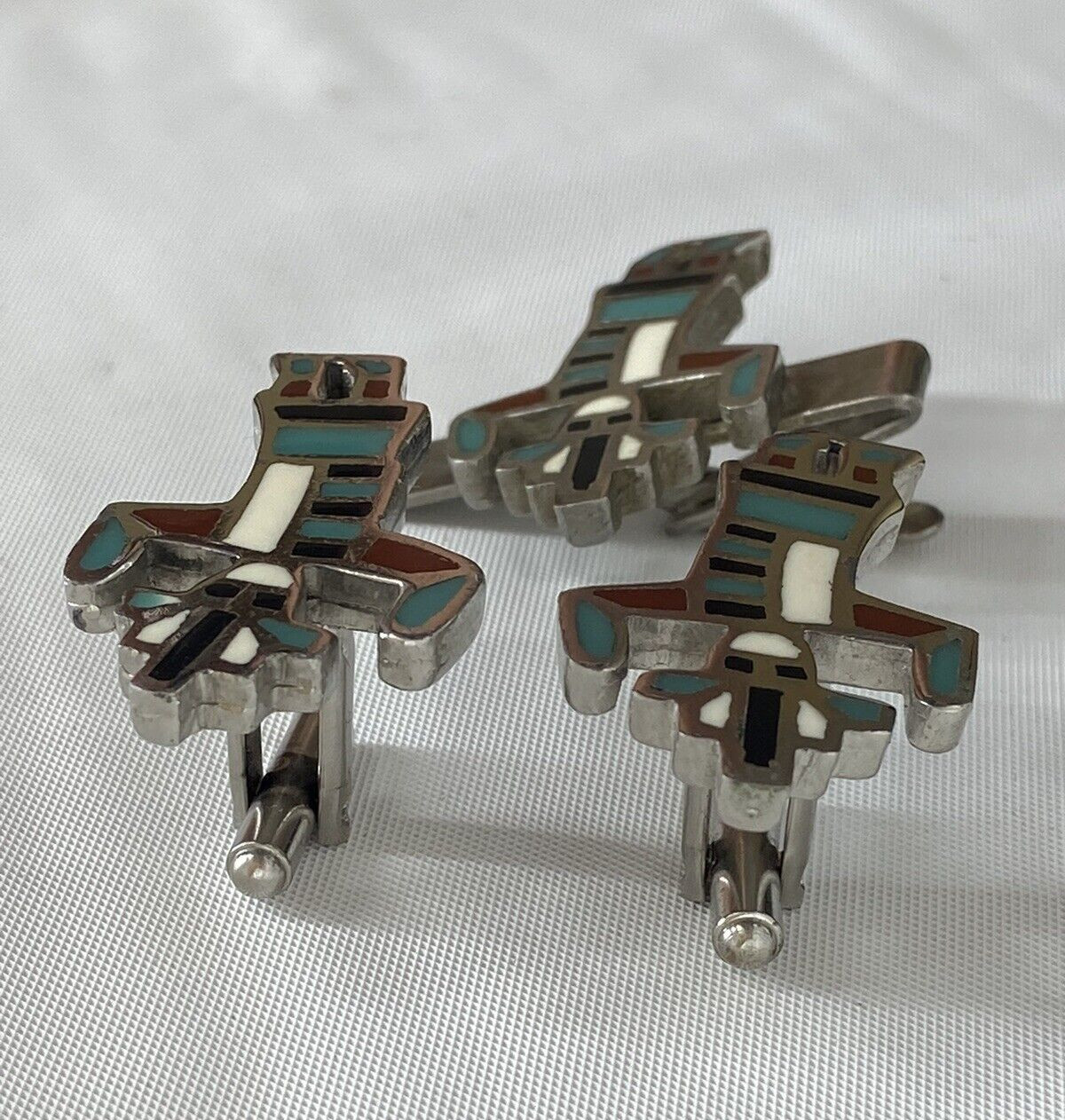 Vintage Zuni Kachina Dancer Cuff Links Tie Clip Inlaid Stones Silver Tone Set
