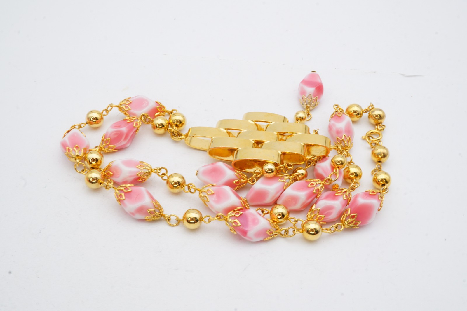 Vintage Necklace Gold Tone Pink Stone 22″