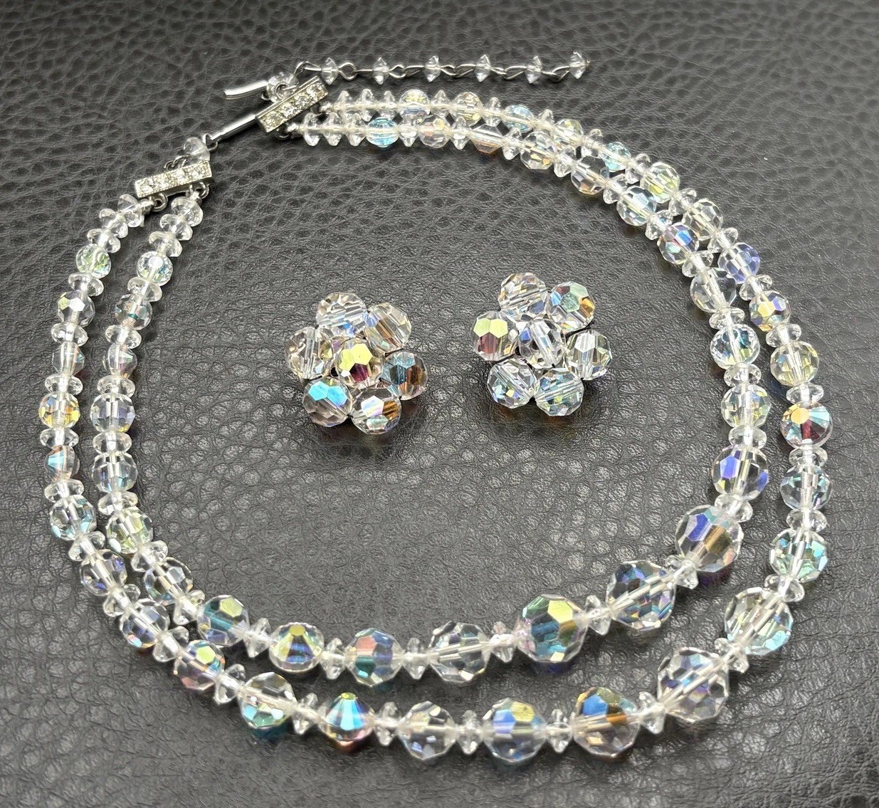 Vintage Aurora Borealis Crystal 2 Double Strand Necklace & Clip-On Earrings Set